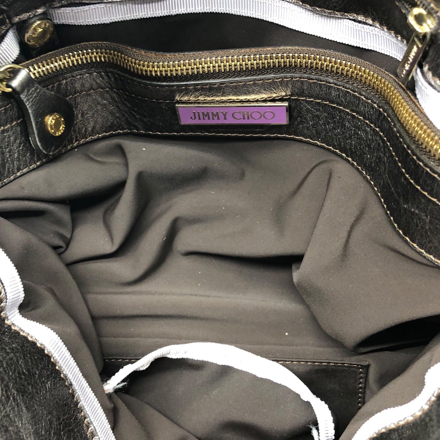 JIMMY CHOO(ジミーチュウ) perforated leather handbag パンチング レザー ハンドバッグ ブラウンゴールド リボン メッシュ ロゴ プレート ワンショルダー 肩掛け