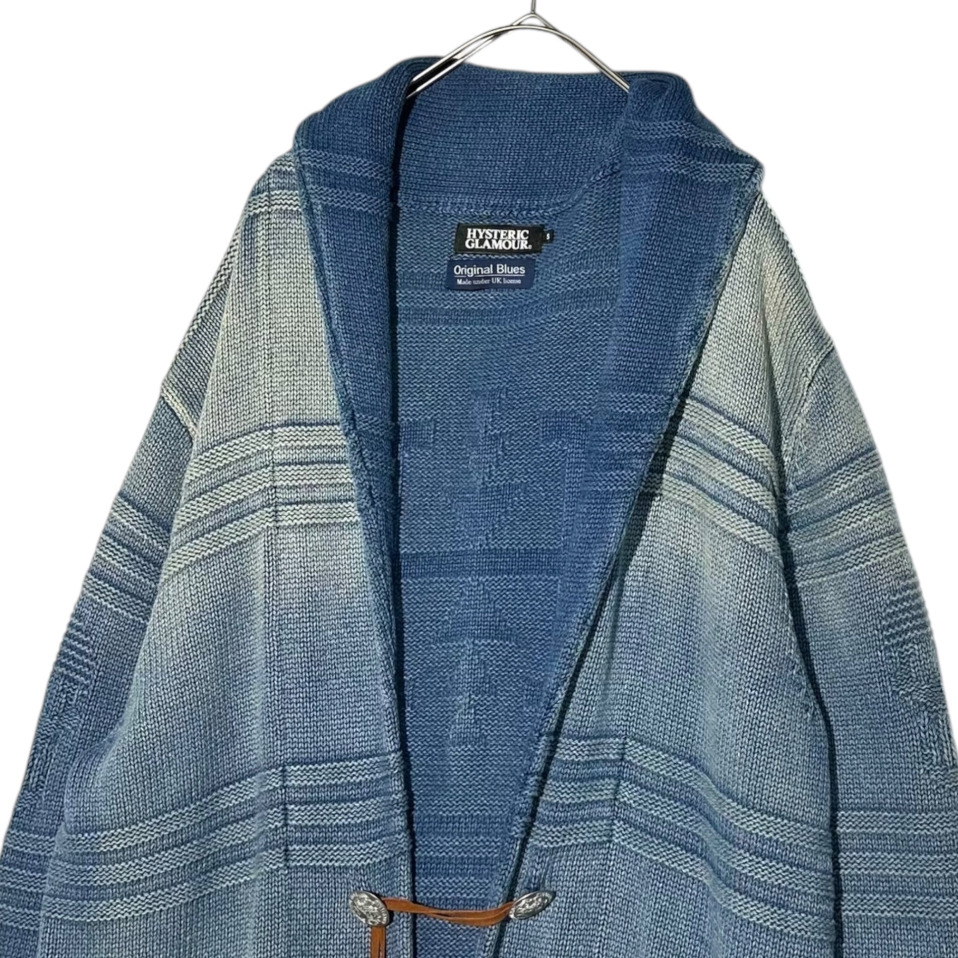 HYSTERIC GLAMOUR×Original Blues(ヒステリックグラマー×オリジナルブルース) 18SS Shawl collar indigo knit cardigan with conchos ショールカラー インディゴ コンチョ付き ニット カーディガン 02181ND02 S インディゴ USED加工