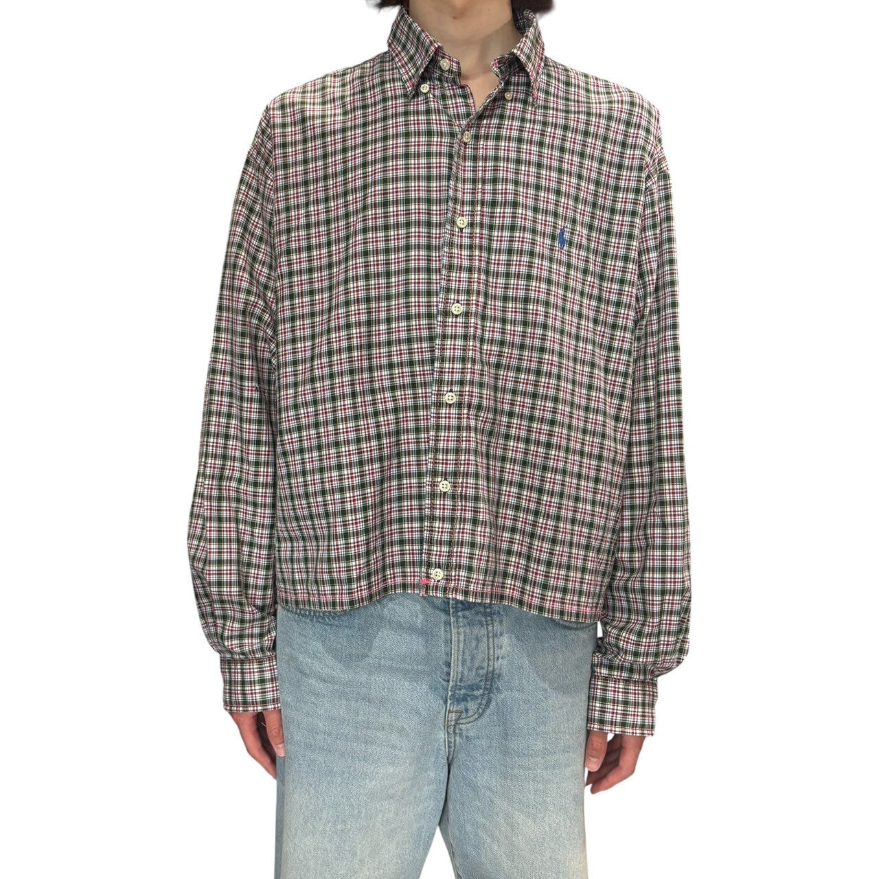 NOT CONVENTIONAL(ノットコンベンショナル) ”Ralph Lauren” Short Length Remake Check Shirt ショート丈 リメイク チェック シャツ XL ホワイト×グリーン 長袖 再構築