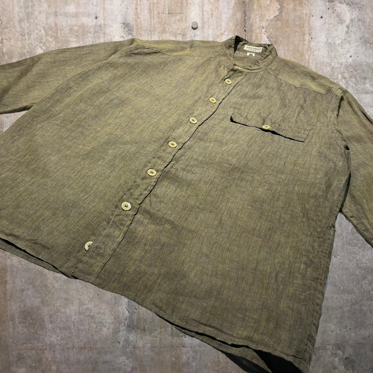 GIORGIO ARMANI(ジョルジオアルマーニ) 90'sバンドカラー1フラップリネンシャツ M ブラウン