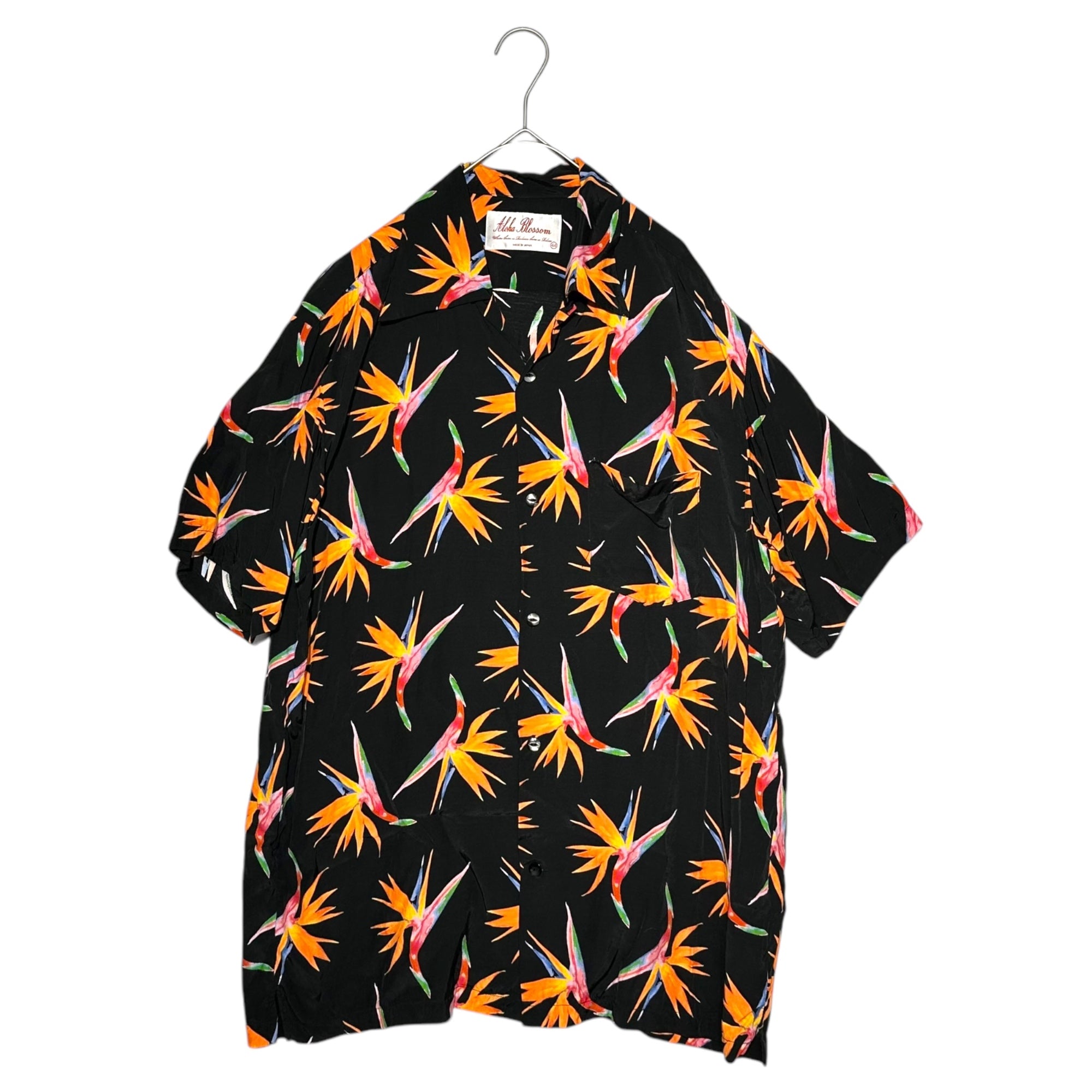 Aloha Blossom(アロハブロッサム) Bird of Paradise Flower Total Pattern Aloha Shirt 極楽鳥花 総柄 アロハシャツ 44(L程度) ブラック×オレンジ