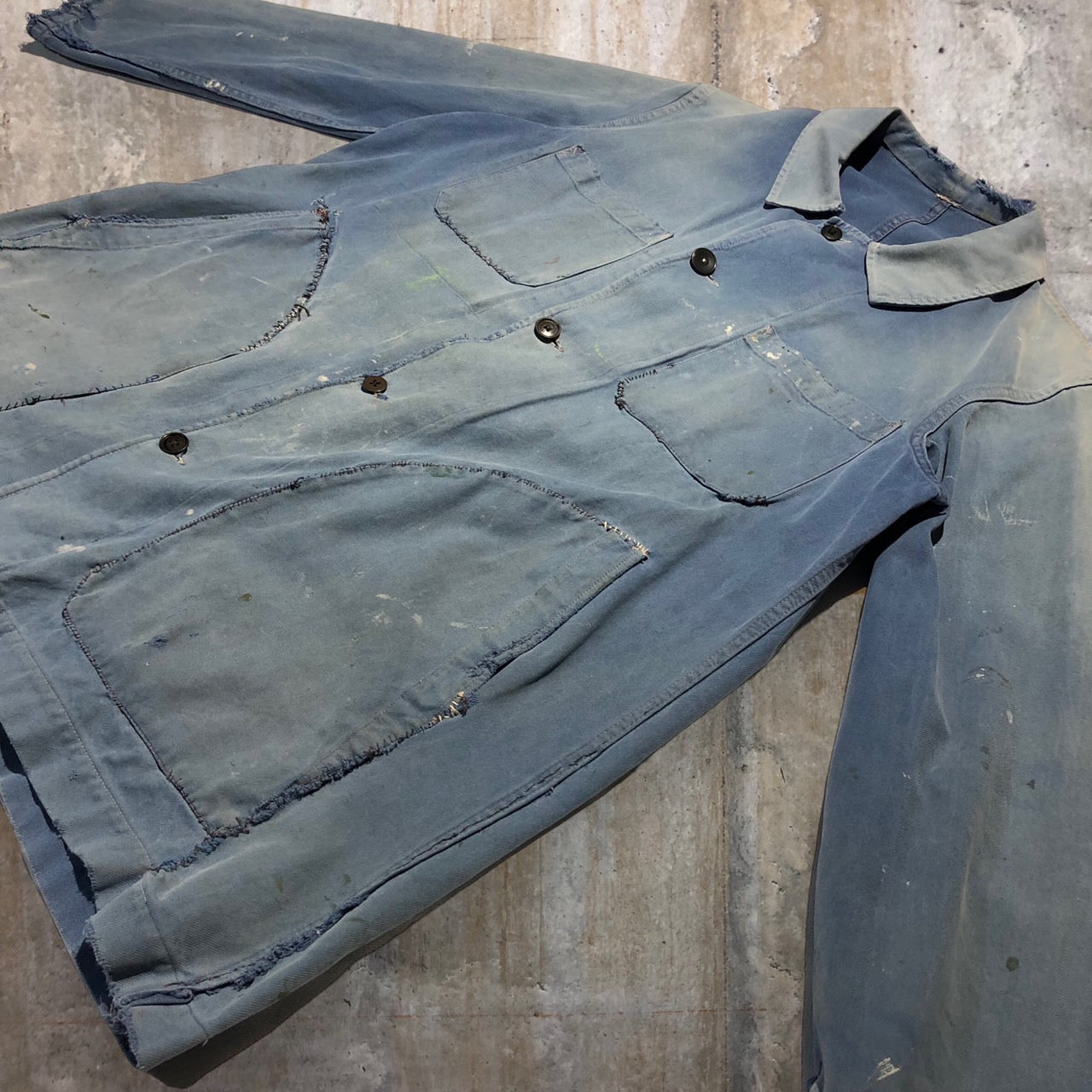 FRENCH WORK(フレンチワーク) 70~sモールスキンリメイクジャケット 表記なし(L程度) ブルー Dポケットカスタム、ステッチ・ペンキ加工