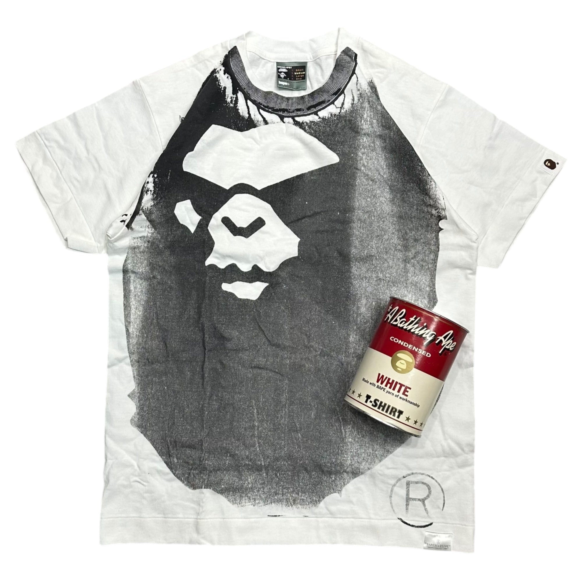 A BATHING APE(アベイシングエイプ) 90~00's BAPE “HAND PRINT APE HEAD / CAN TEE” 90年代 00年代 ベイプ 手刷り ハンドプリント エイプ ヘッド 缶 Tシャツ シリアルナンバー有 M ホワイト×ブラック 少数生産 稀少品 手刷りの為一点物