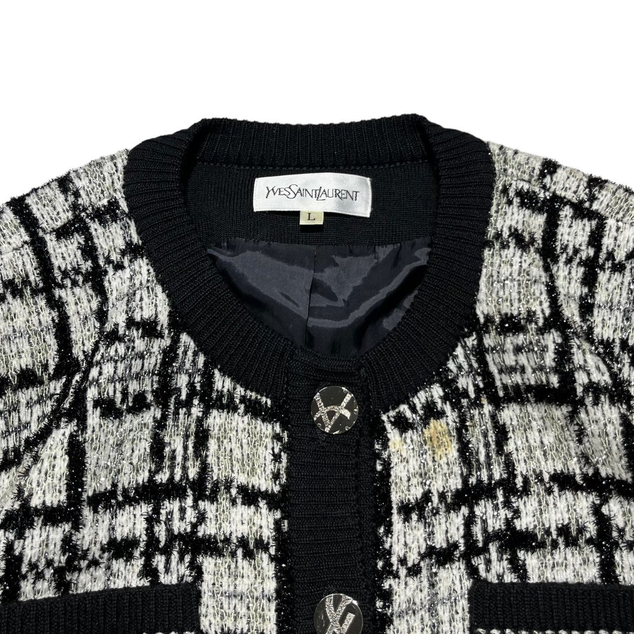YVES SAINT LAURENT(イヴサンローラン) 90's lame no collar jacket ラメ ノーカラー ジャケット SU47A502 L ホワイト×ブラック 90年代 ヴィンテージ カーディガン ツイード