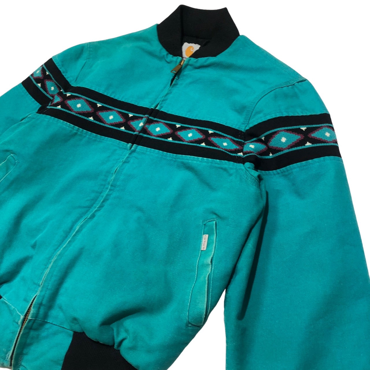 carhartt(カーハート) 80'sヴィンテージダック地ネイティブ柄ブルゾン/ジャケット 表記無し(Lサイズ程度) ターコイズブルー/グリーン 80年代 稀少カラー