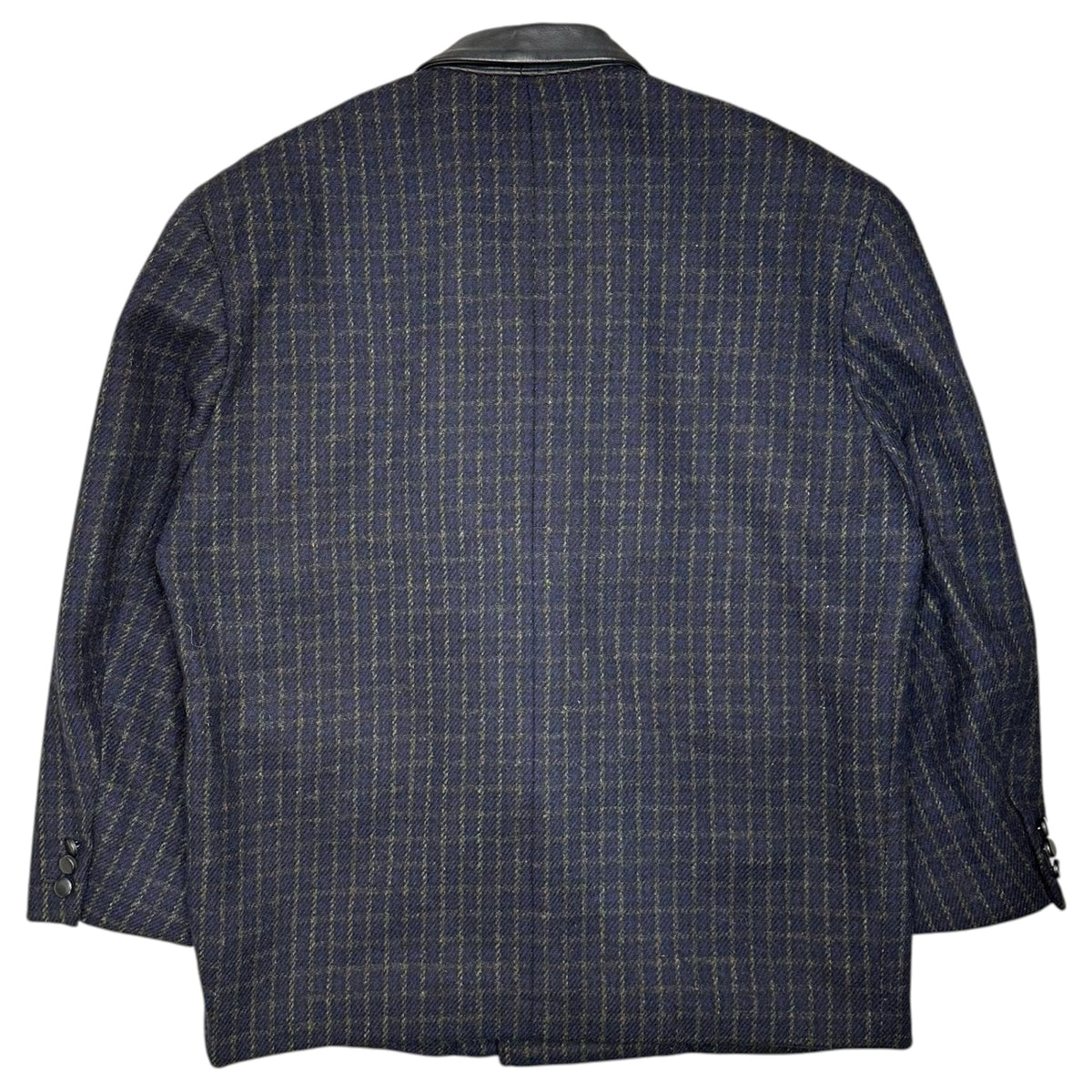 COMME des GARCONS HOMME PLUS(コムデギャルソンオムプリュス) 1984's~1988's Double-breasted Leather Collar Tartan Tweed Blazer 襟レザー タータンチェック ツイード ダブル テーラード ジャケット PJ-05053 S ネイビー×ブラック 80年代 80's 最初期