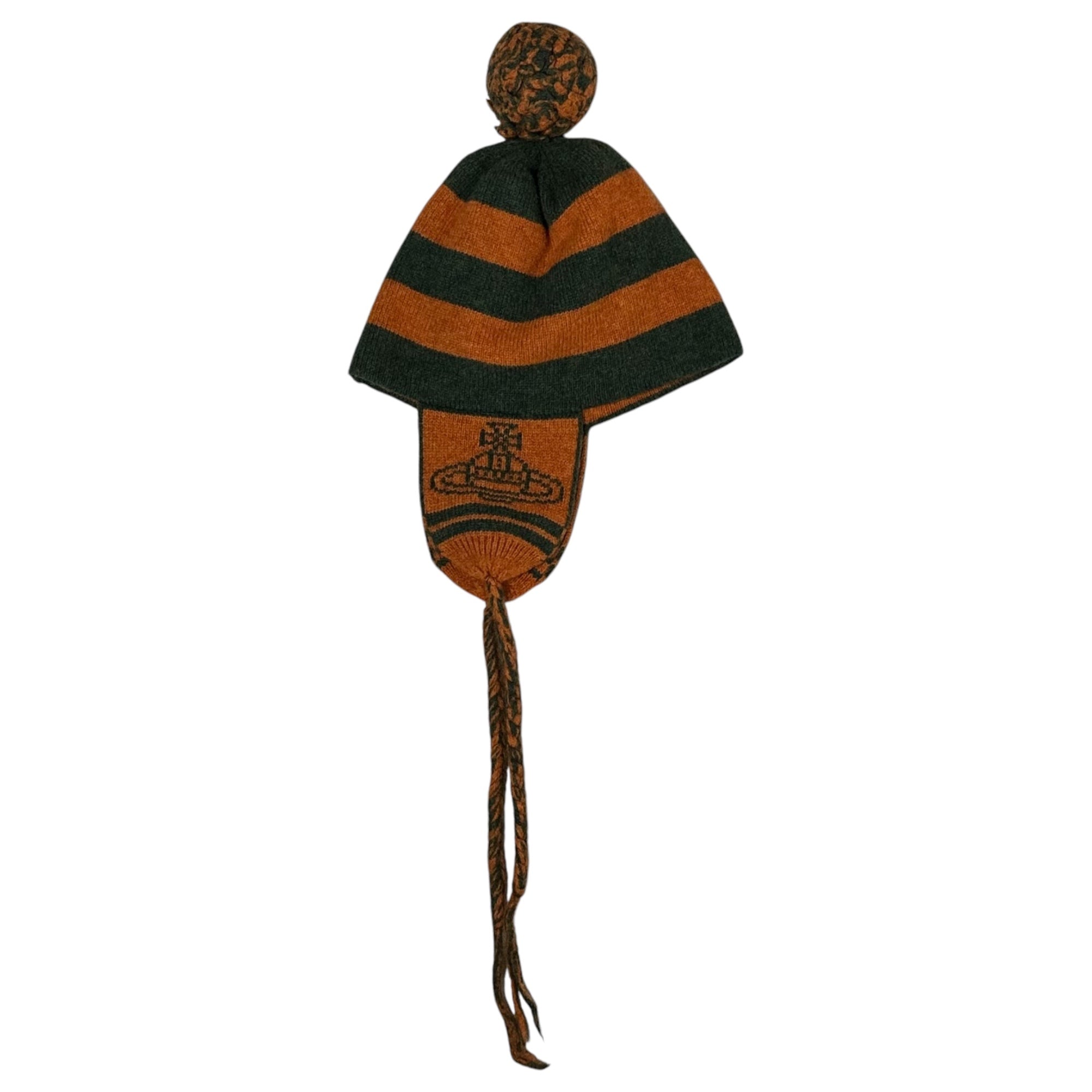Vivienne Westwood(ヴィヴィアンウエストウッド) knit hat with ear flaps 耳当て付き ニット帽 ニットキャップ ボーダー オレンジ×グリーン 稀少カラー ムーンバットタグ付