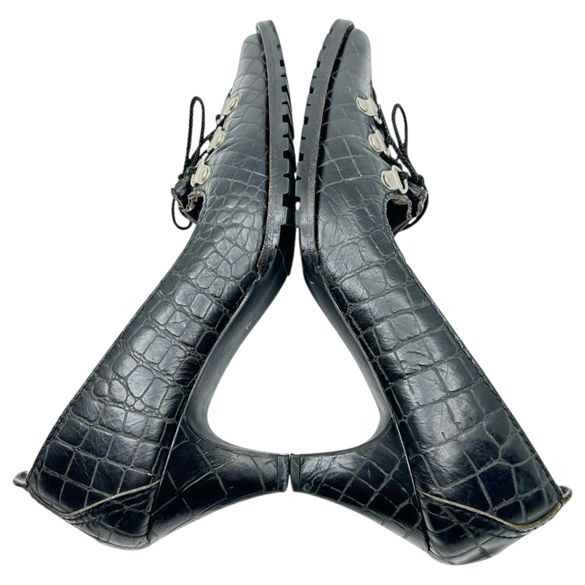 COMME des GARCONS JUNYA WATANABE(コムデギャルソンジュンヤワタナベ) 05AW Crocodile embossed trekking lace-up pointed toe heel pumps クロコ 型押し トレッキング レースアップ ポインテッドトゥ ヒール パンプス L ブラック