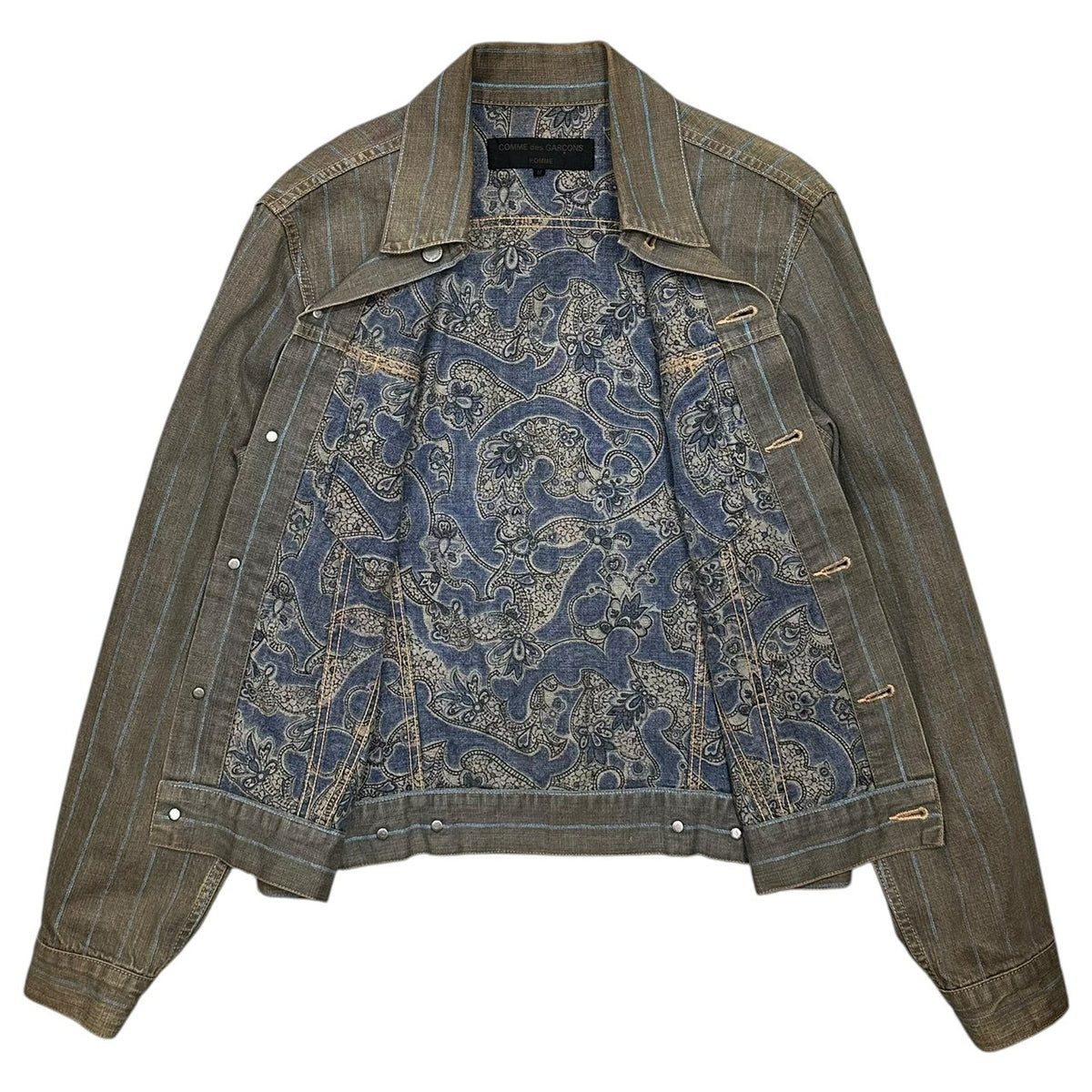 COMME des GARCONS HOMME(コムデギャルソンオム) 2003SS Paisley-Lined Striped Trucker Jacket ペイズリーライニング ストライプ トラッカー ジャケット HJ-J070 M グレー×ブルー 田中オム 00's