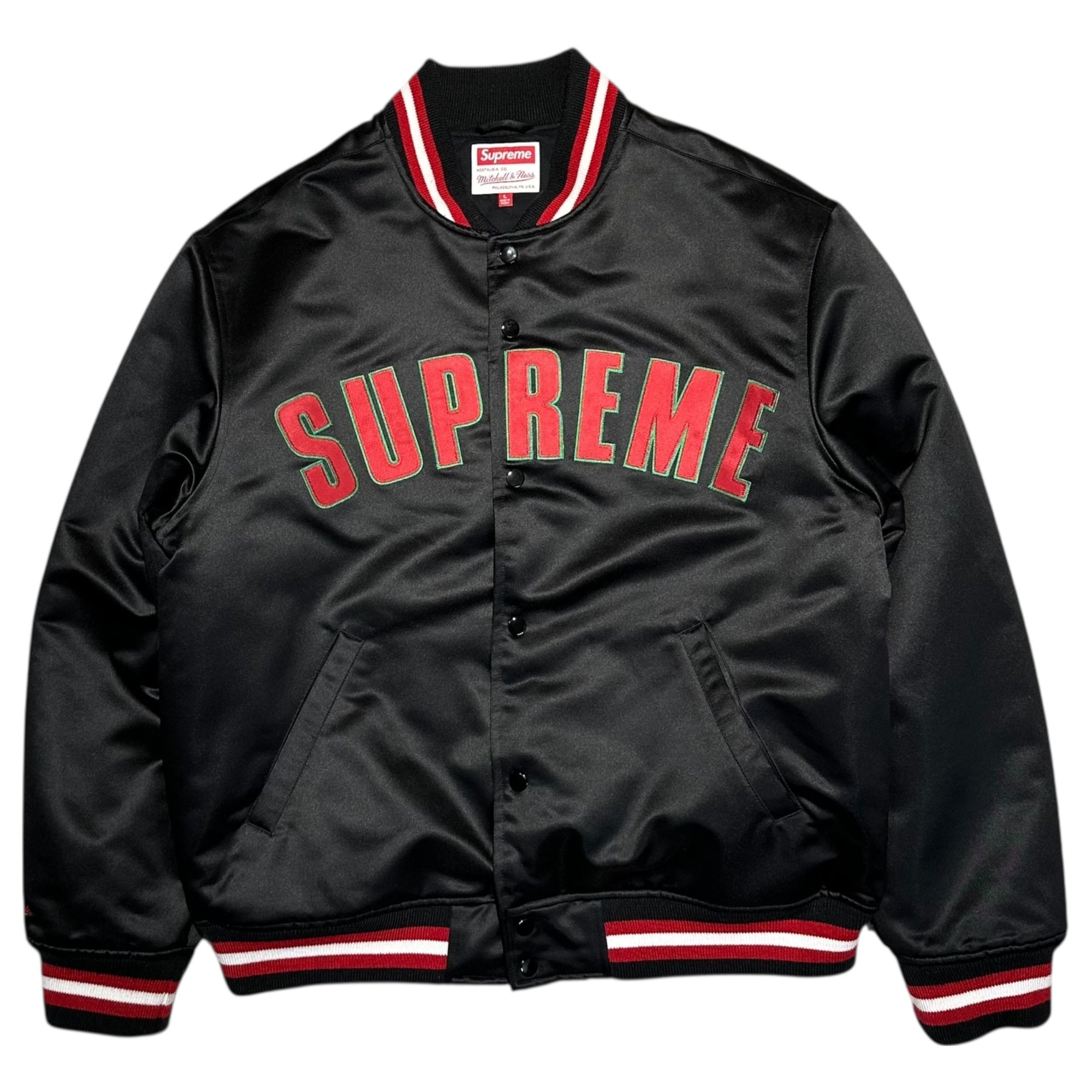 SUPREME×mitchell&ness(シュプリーム×ミッチェルアンドネス) 21SS Satin Varsity Jacket サテン バーシティ ジャケット L ブラック コラボ ブルゾン ロゴ スタジャン