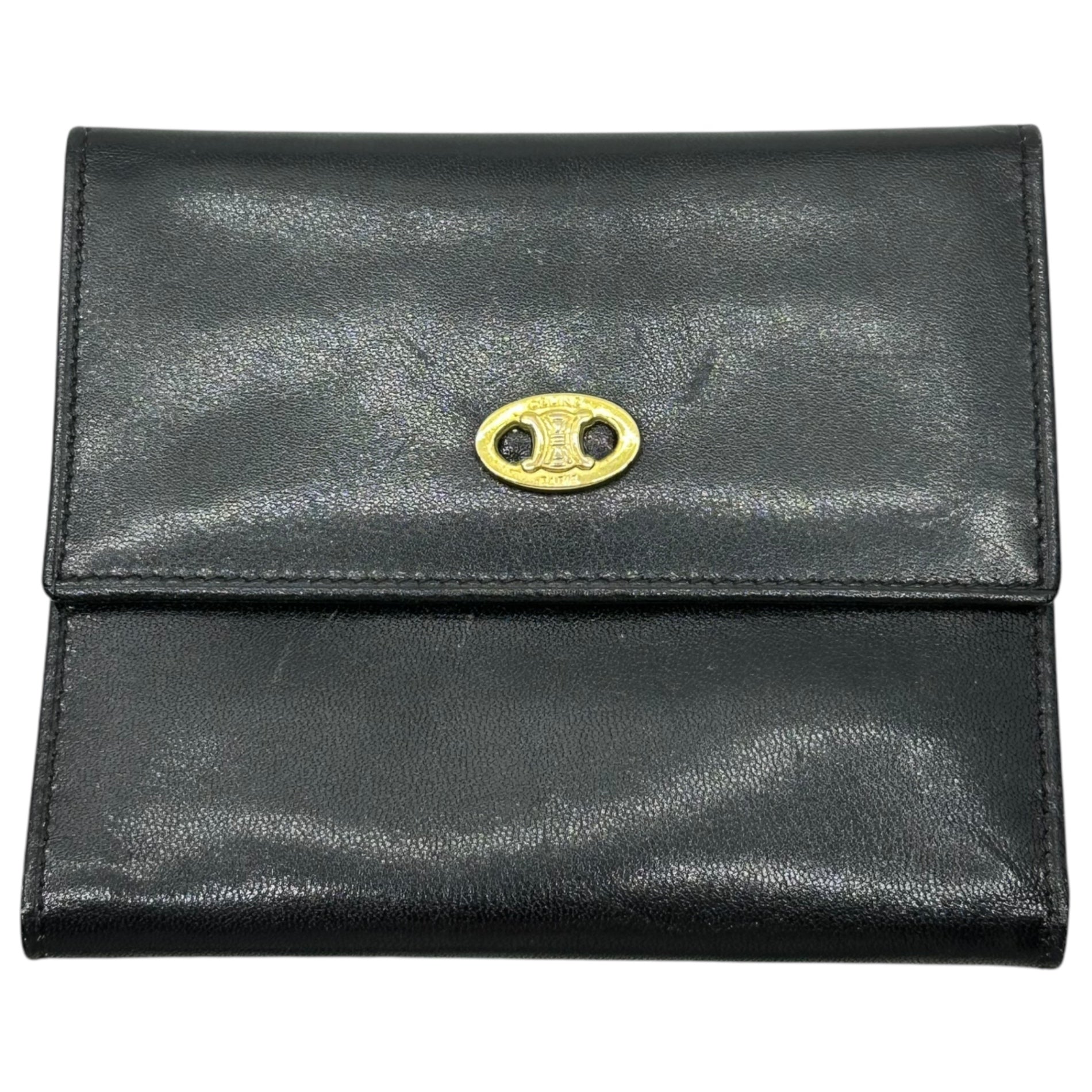 CELINE(セリーヌ) Vintage Trionf logo leather wallet ヴィンテージ トリオンフ ロゴ 金具 レザー 3つ折り 財布 M02 ブラック コンパクト ミニ OLD