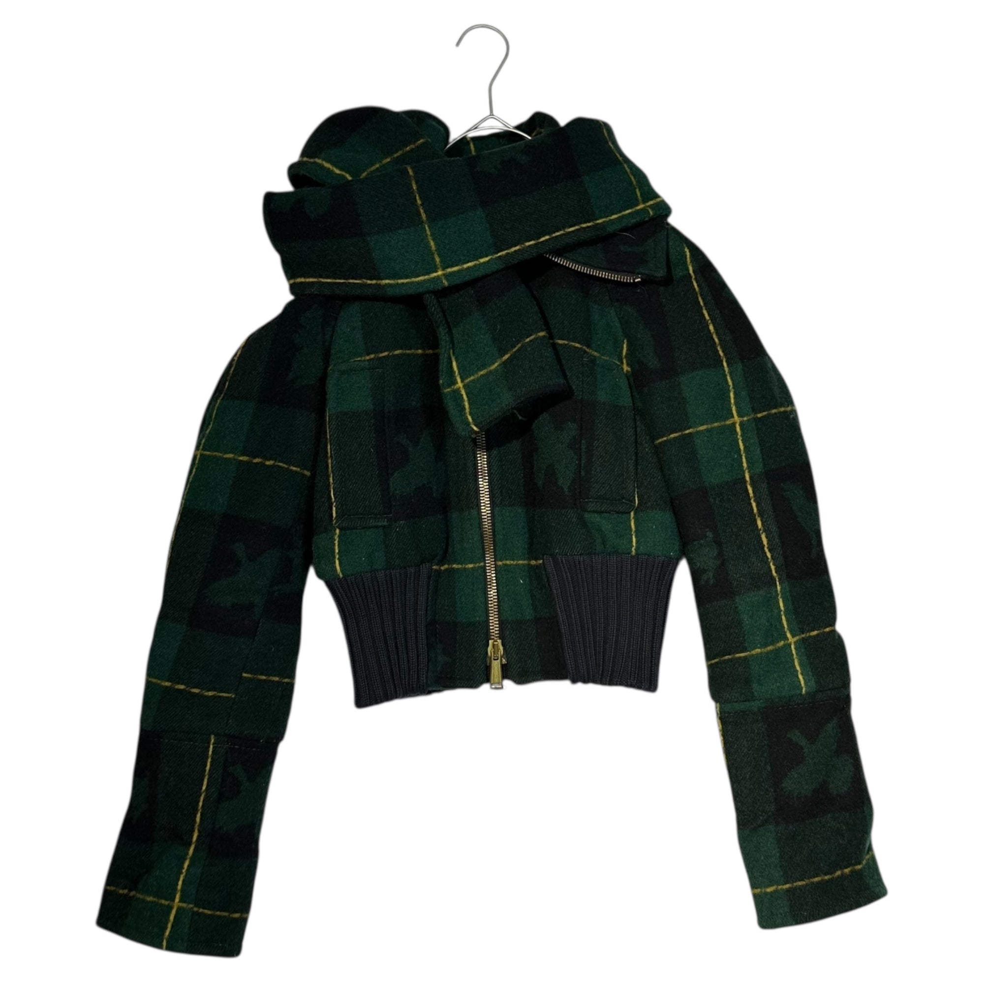 DSQUARED2(ディースクエアード) Wide ribbed short length check blouson with detachable wool scarf 取り外し可能 ウール マフラー 付属 ワイド リブ ショート丈 チェック ブルゾン 72 K026 40(L) グリーン