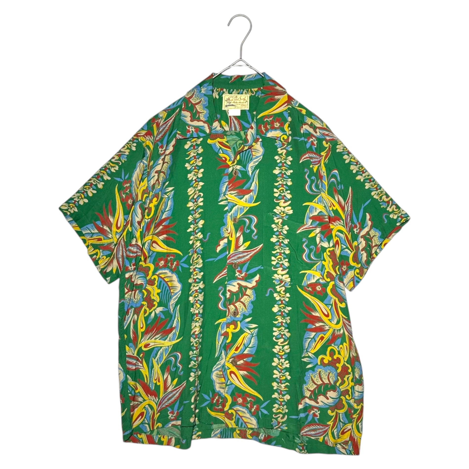 SUN SURF(サンサーフ東洋) 90's Botanical Rayon Aloha Shirt ヴィンテージ ボタニカル レーヨン アロハ シャツ L グリーン オープンカラー 開襟 半袖 Sun and Surf sugar cane