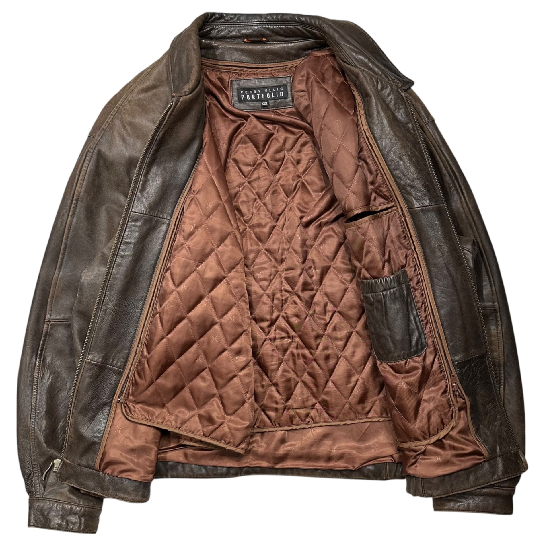 PERRY ELLIS PORTFOLIO(ペリーエリスポートフォリオ) 90's Quilted Liner Lamb Leather Jacket キルティングライナー ラム レザー ジャケット XXL ブラウン ジップアップ ヴィンテージ