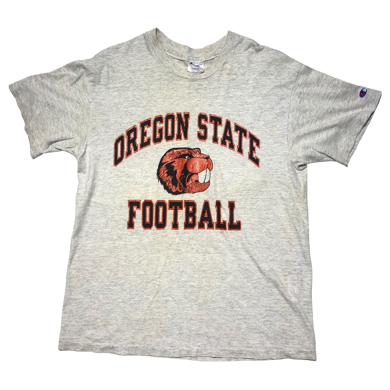 Champion(チャンピオン) 90's "OREGON STATE FOOTBALL" college print t-shirt 三段プリント ヴィンテージ Tシャツ カレッジ オレゴン L ライトグレー 90年代 USA製