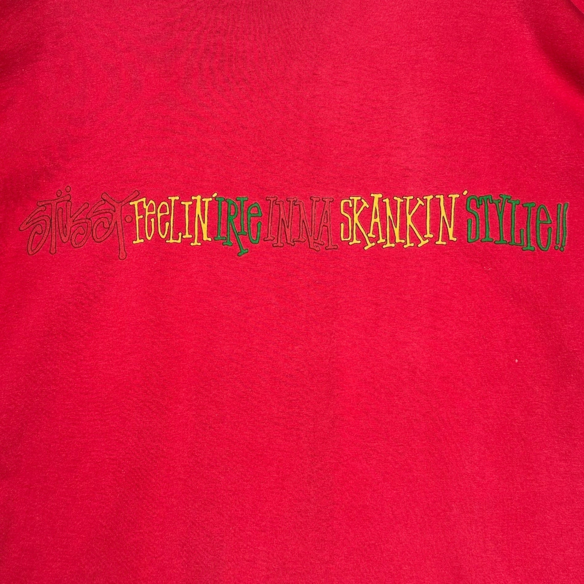 STUSSY(ステューシー) 80's FeeLIN' IRIe INNA SKANKIN' STYLe! Printed T-shirts ラスタ プリント Tシャツ L レッド 80年代~90年代 ヴィンテージ OLD 黒タグ
