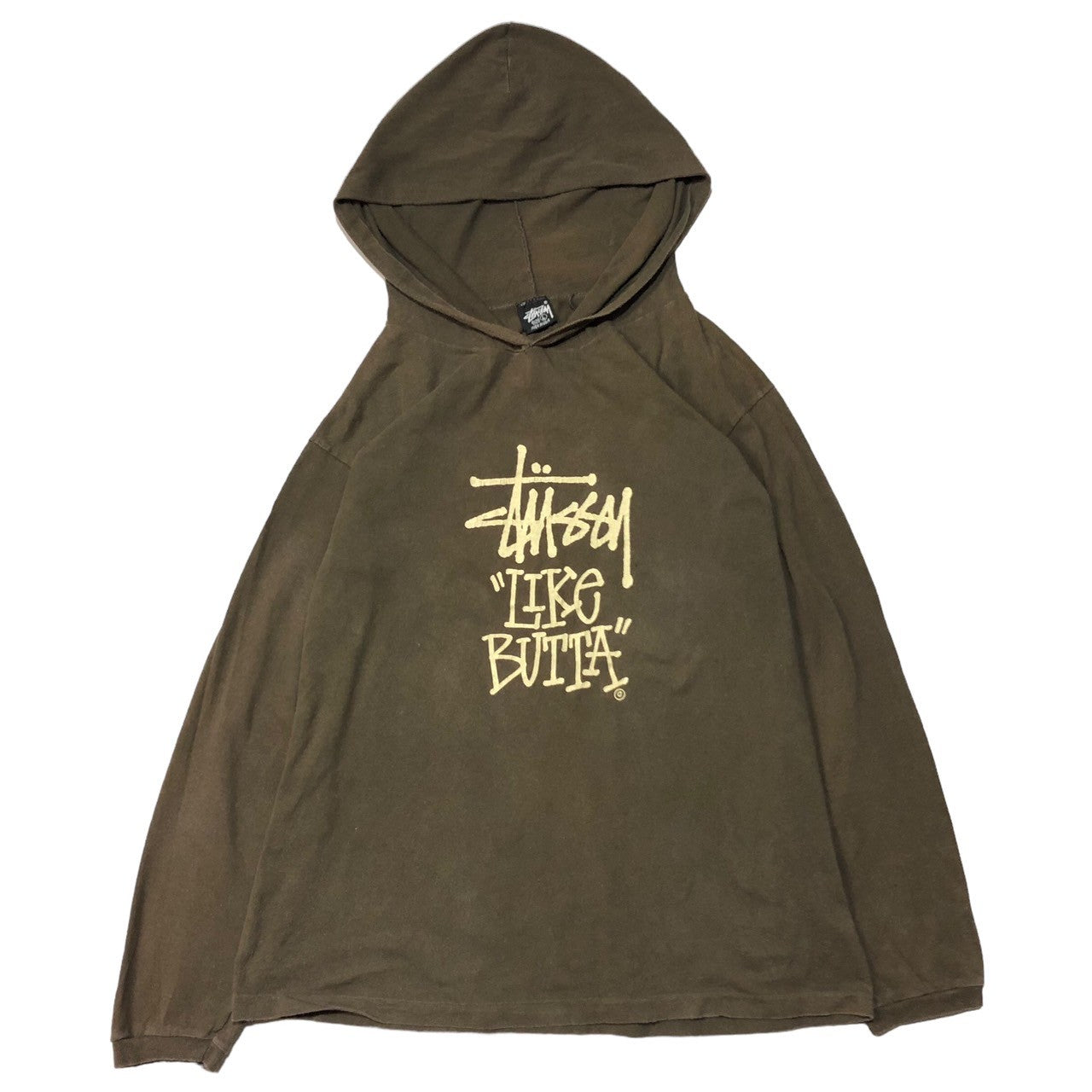 STUSSY(ステューシー) 80's VINTAGE LIKE BUTTA プリント フーデッド Tシャツ 黒タグ SIZE L ブラウン 80年代 黒タグ OLD STUSSY
