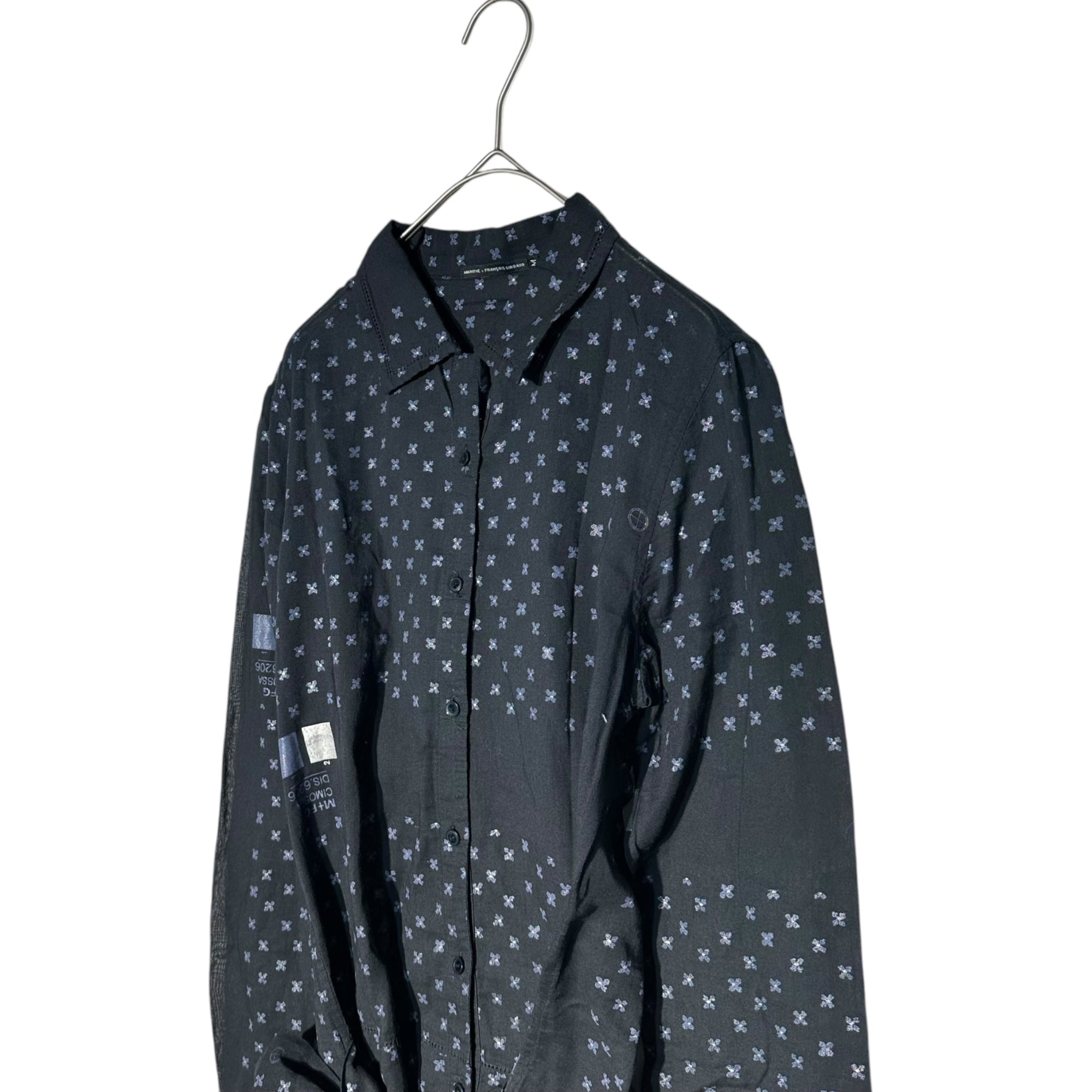 MARITHE FRANCOIS GIRBAUD(マリテフランソワジルボー) 00's Allover Logo Belted Sheer Blouse 総柄 ロゴ ベルテッド シアー シャツ ブラウス F6-5178 M ネイビー Y2K