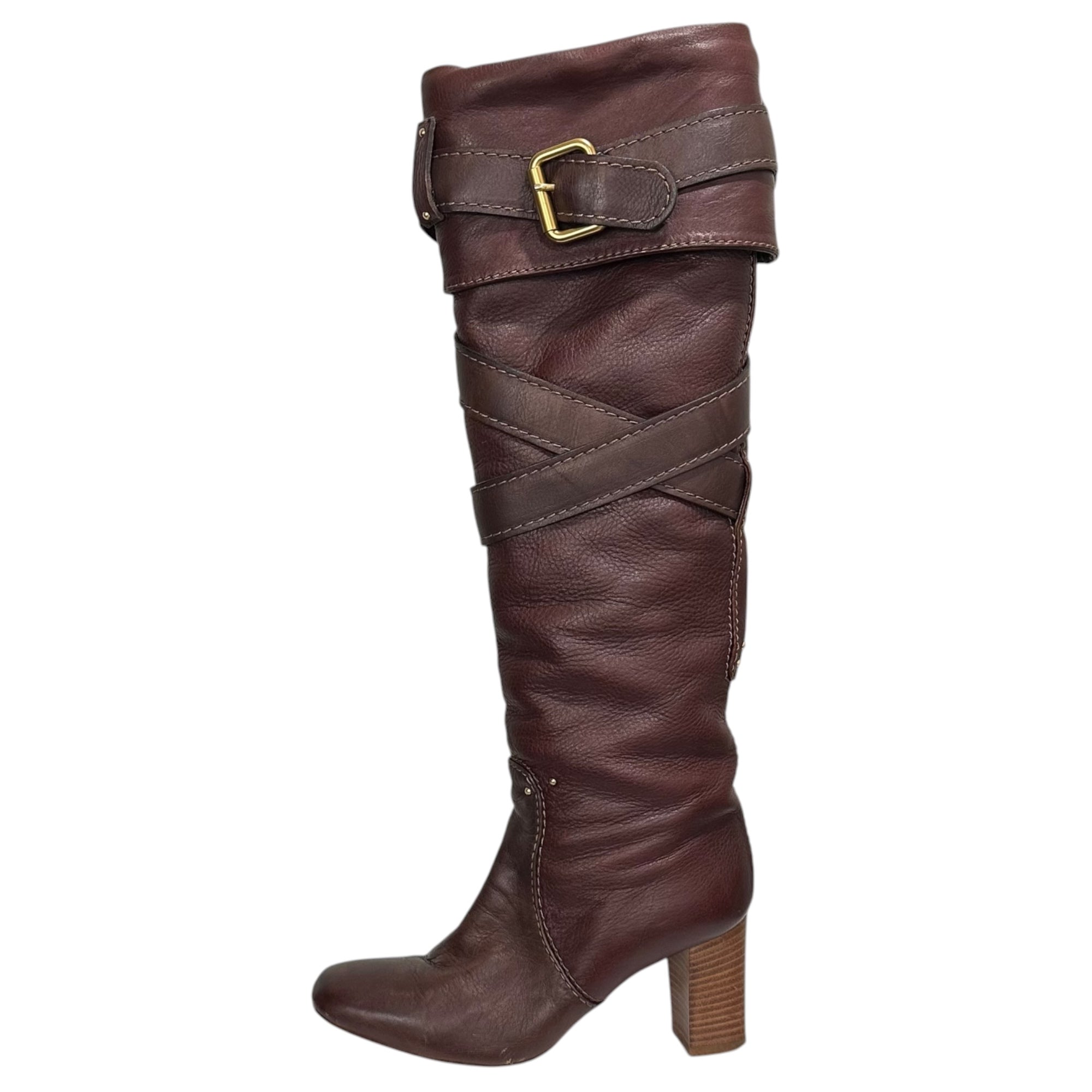 CHLOE(クロエ) Cross-strap Heeled Leather Long Boots クロスベルト ヒール レザー ロング ブーツ 36 1/2(23.5cm程度) ブラウン