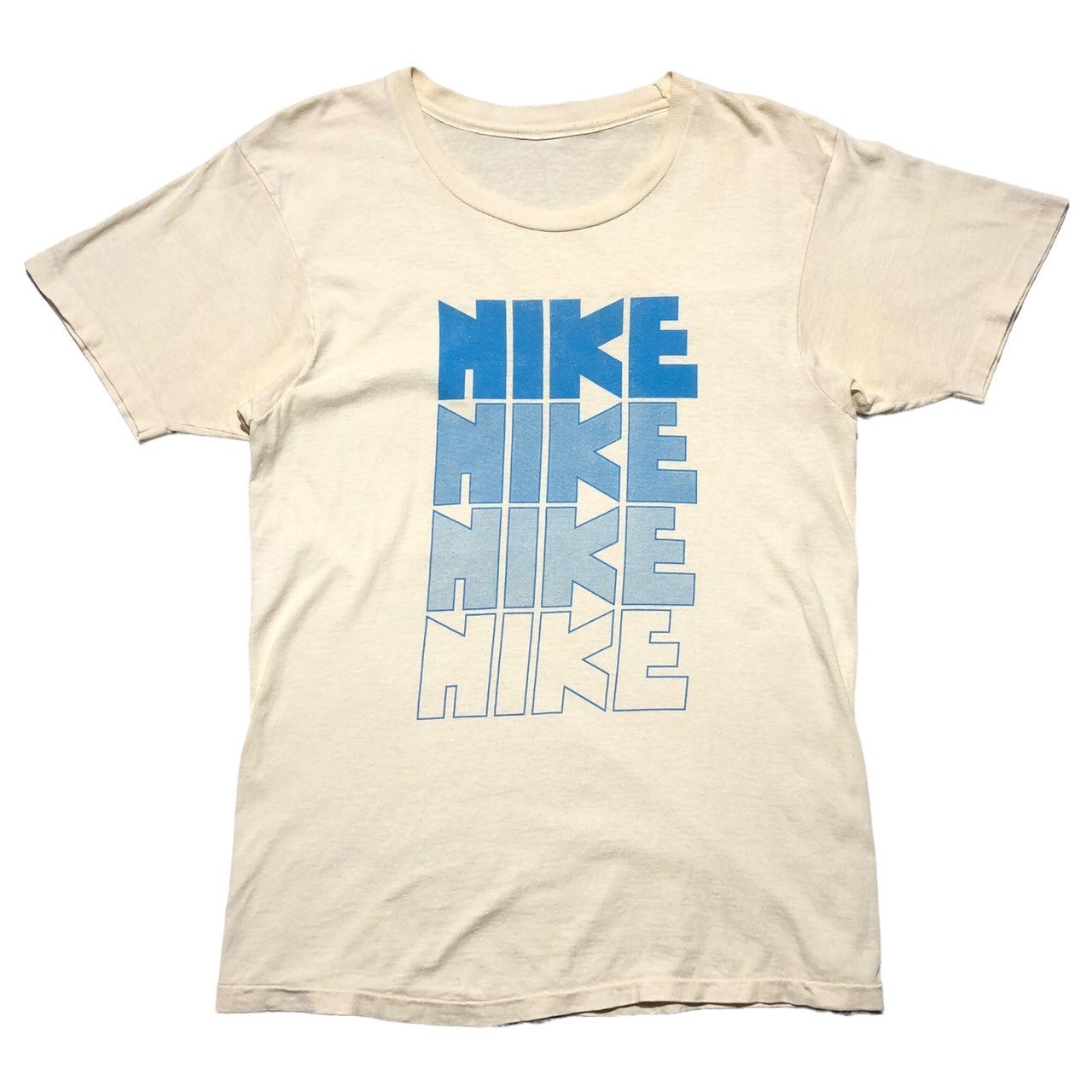 NIKE(ナイキ) 80's 4-tier logo print T-shirt ゴツ ナイキ 4段 プリント Tシャツ 表記無し(M程度) ベージュ×ブルー 80年代 オリジナル ヴィンテージ