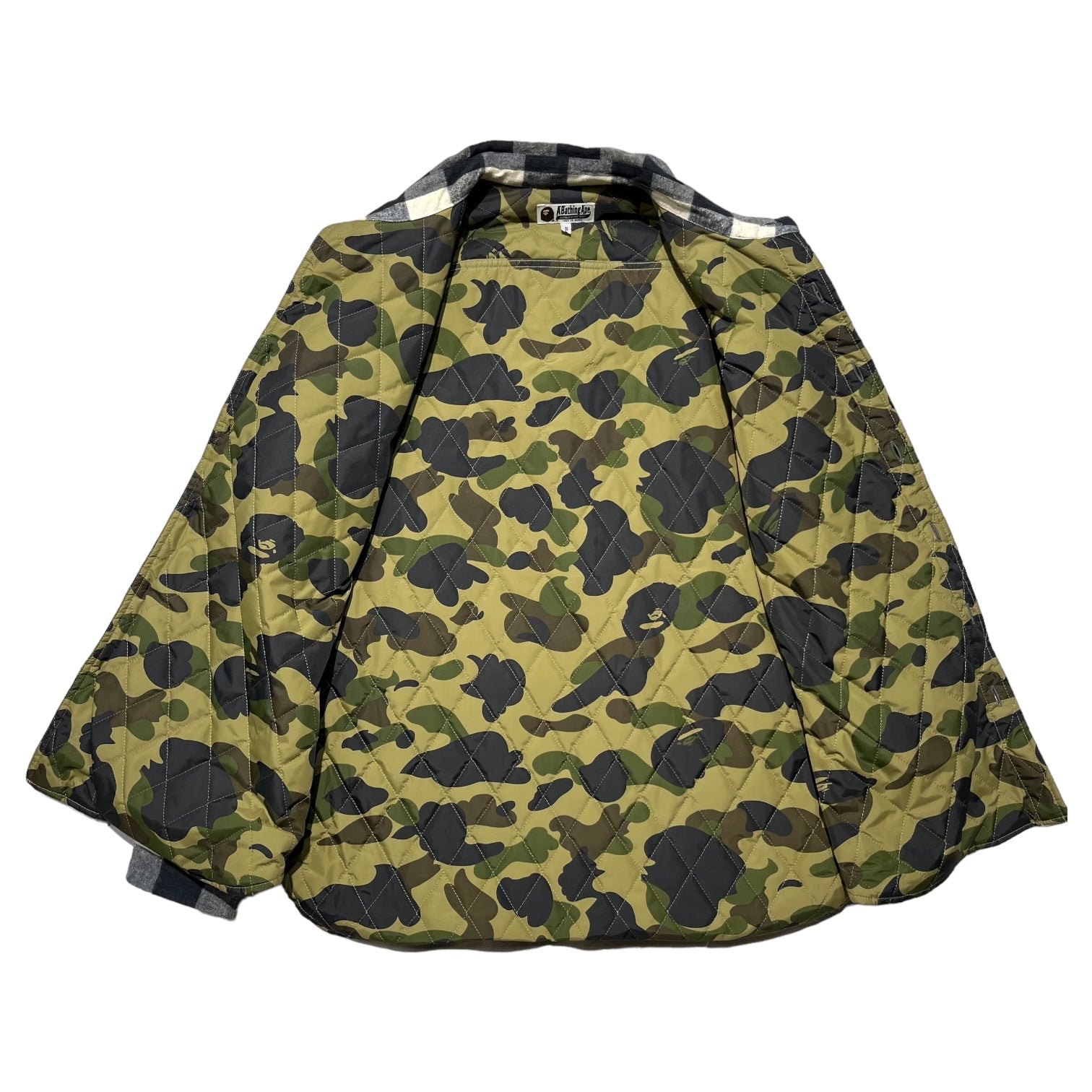 A BATHING APE(アベイシングエイプ) Block check flannel shirt with camouflage pattern inner padding カモフラ柄 インナー 中綿入り ブロックチェック ネルシャツ 001sh9801036 XXL ブラック×ホワイト