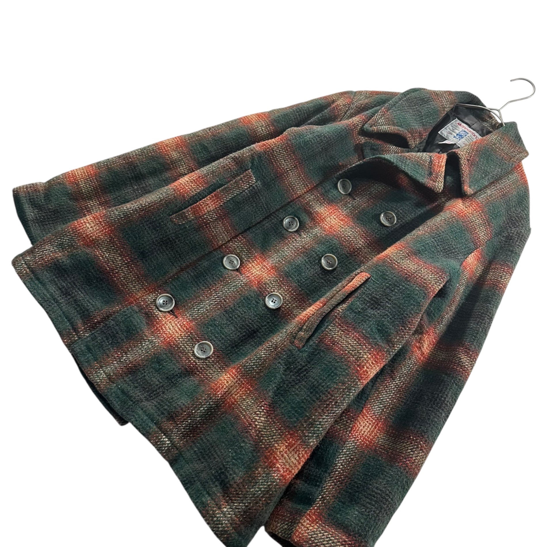 Manhhattan(マンハッタン) 80's Ombre Check Double-Lined Coat 80年代 オンブレ チェック ダブル 中綿 コート M グリーン×オレンジ Vintage ヴィンテージ 古着