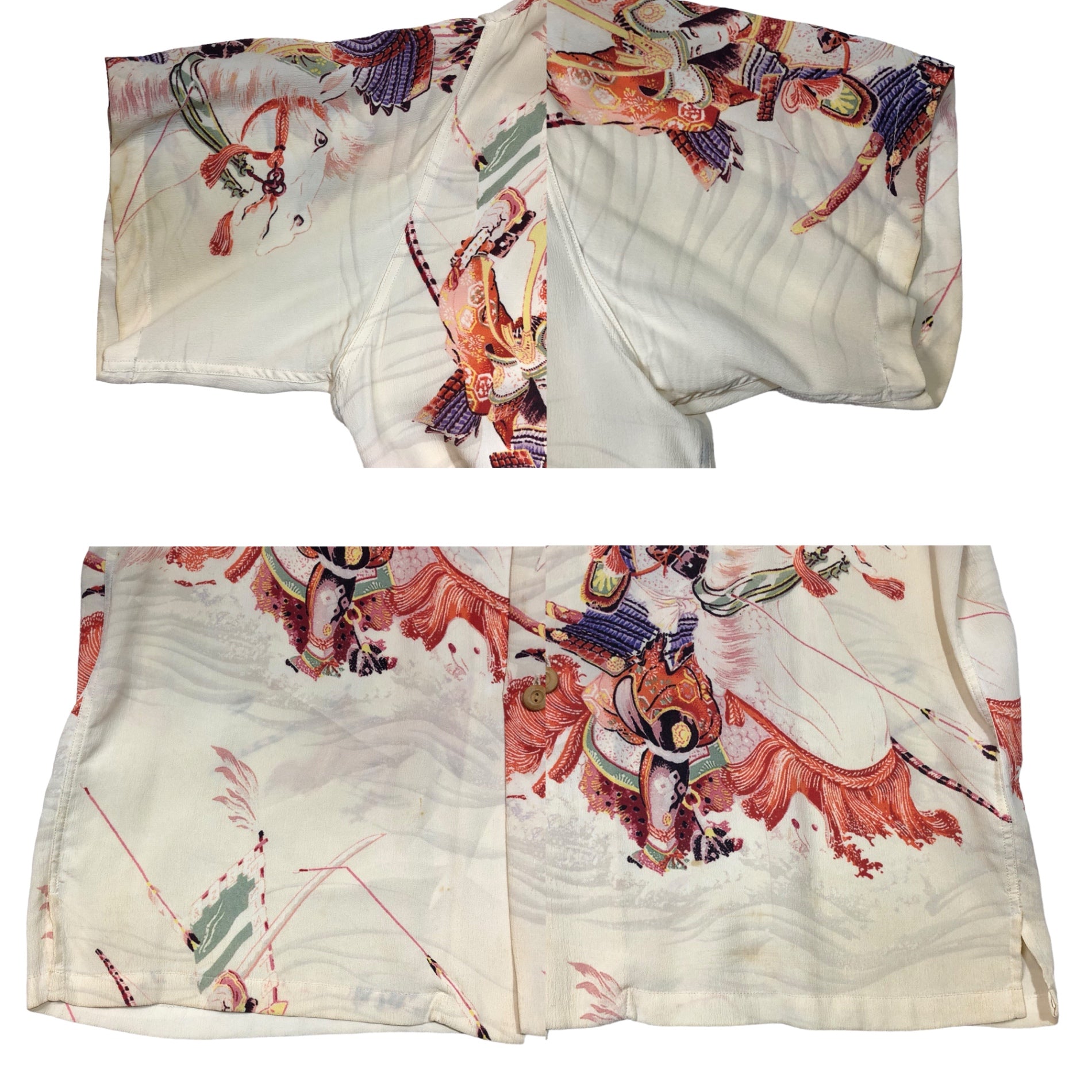 SUN SURF(サンサーフ東洋) RAYON S/S SPECIAL EDITION JAPANESE BAZAAR"YOSHITUNE" レーヨン アロハ シャツ SS35068 L アイボリー 義経 武将 馬 戦国