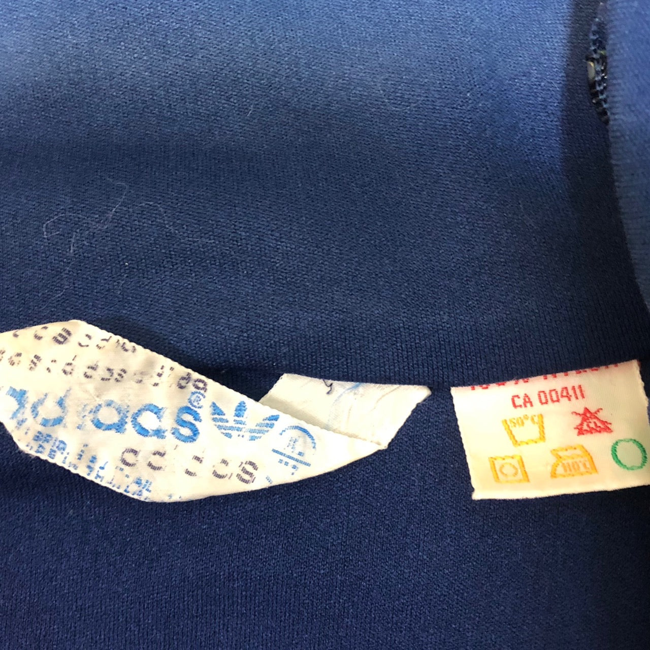 adidas(アディダス) 70-80's Vintage Track jacket/ヴィンテージトラックジャケット/スリーストライプ 表記無し(XLサイズ程度) ネイビー×ホワイト ワッペントレフォイル ロゴ/三角タグ