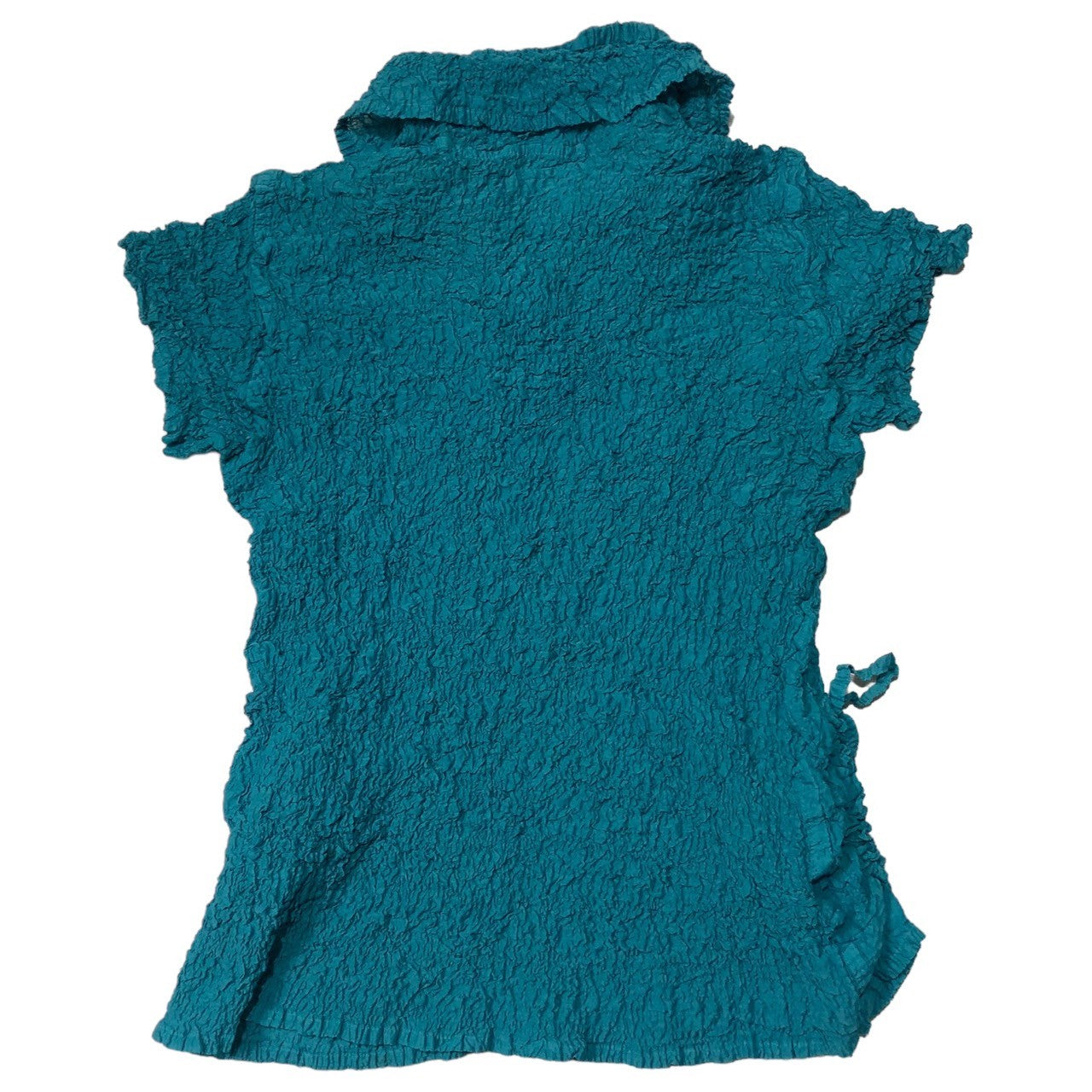 me ISSEY MIYAKE(ミーイッセイミヤケ) 16AW wrinkle pleated polo shirt シワ プリーツ ブラウス MI64FM209 -(FREE) ターコイズブルー リボン 半袖 ポロシャツ