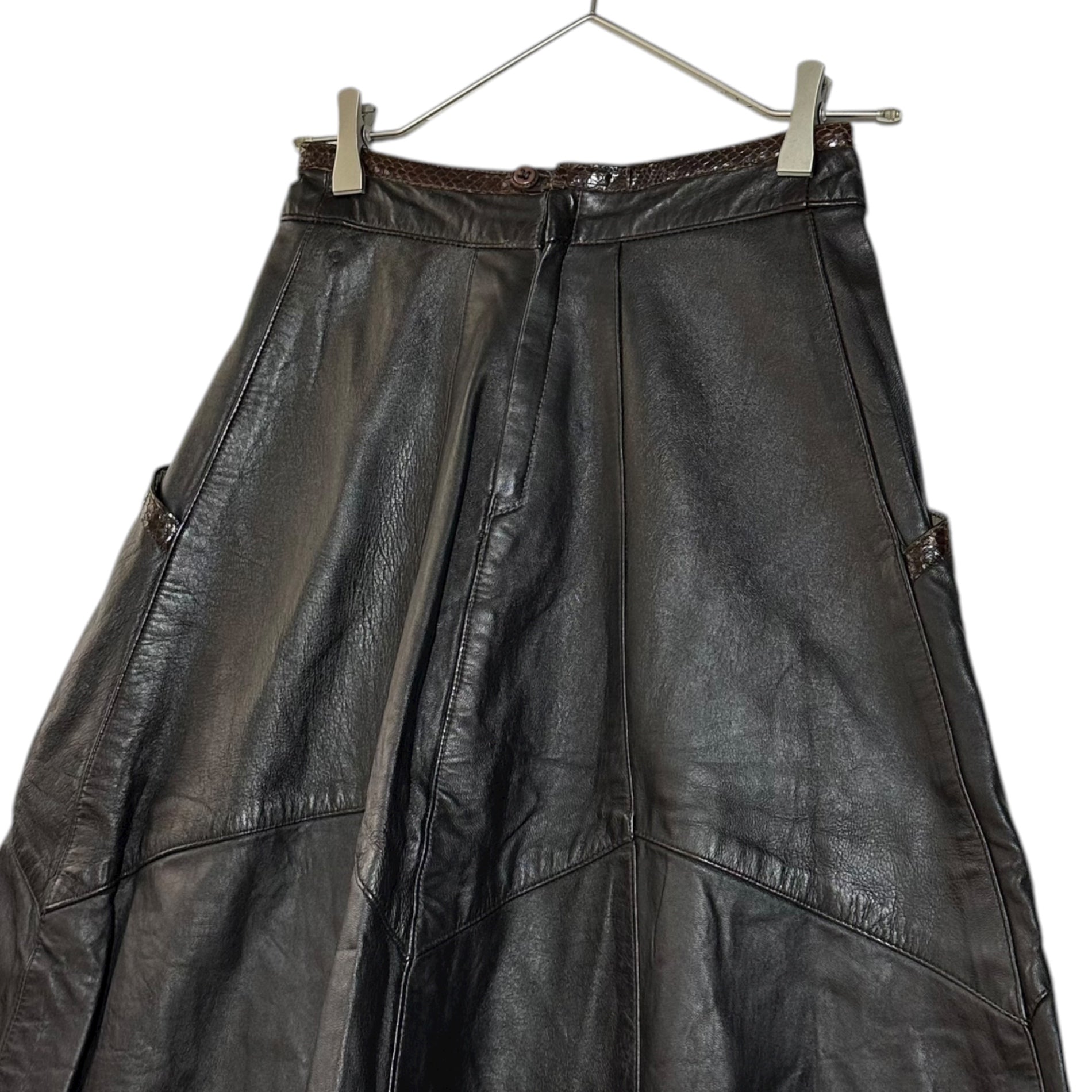 Euro vintage(ヨーロッパヴィンテージ) 80's~ snake&goat leather skirt フレアなレザースカート M~L程度 ブラウン