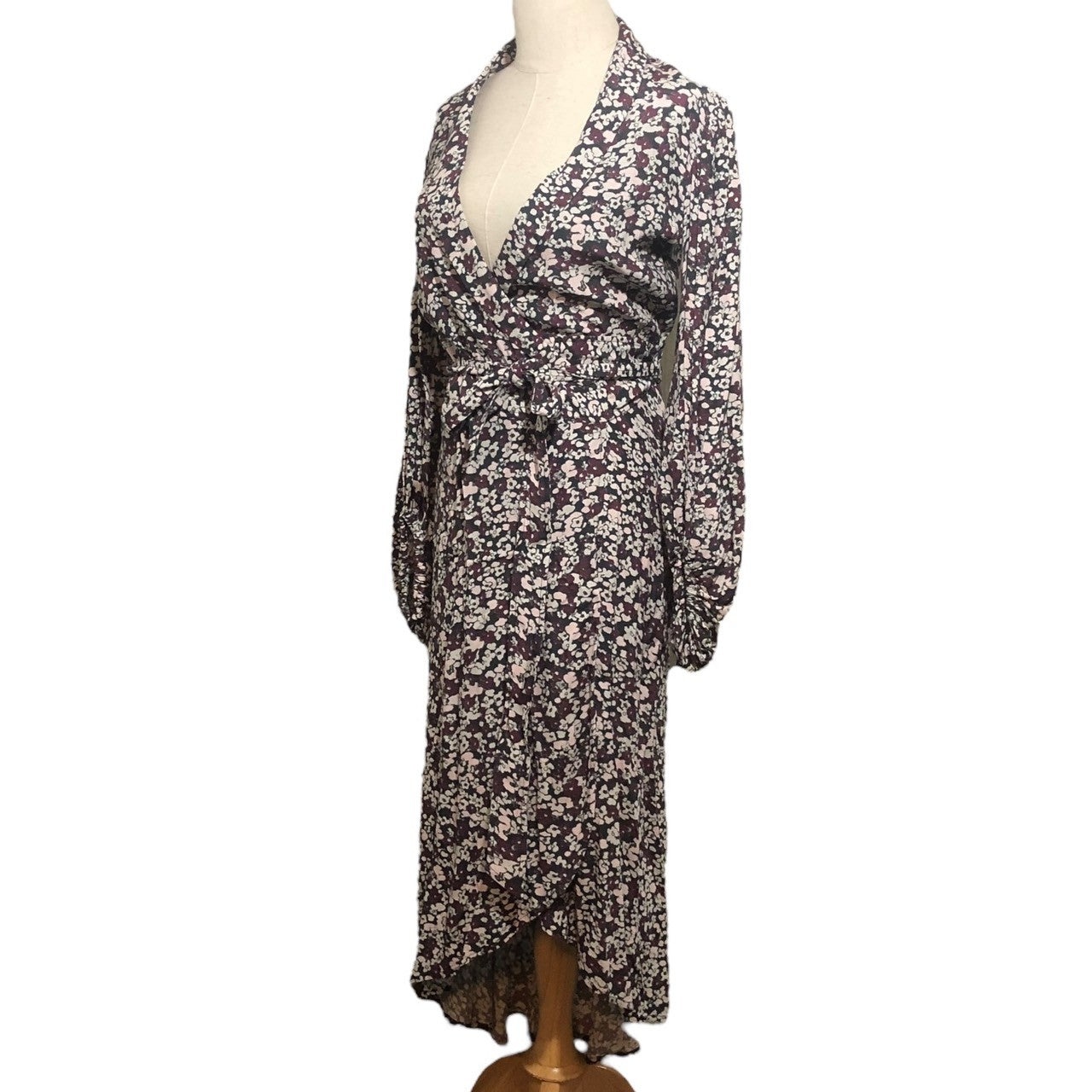 GANNI(ガニー) 小花柄 カシュクール ロング ワンピース パフスリーブ 1577-399-9084 34(XSサイズ程度) ブラック×ホワイト×ピンク