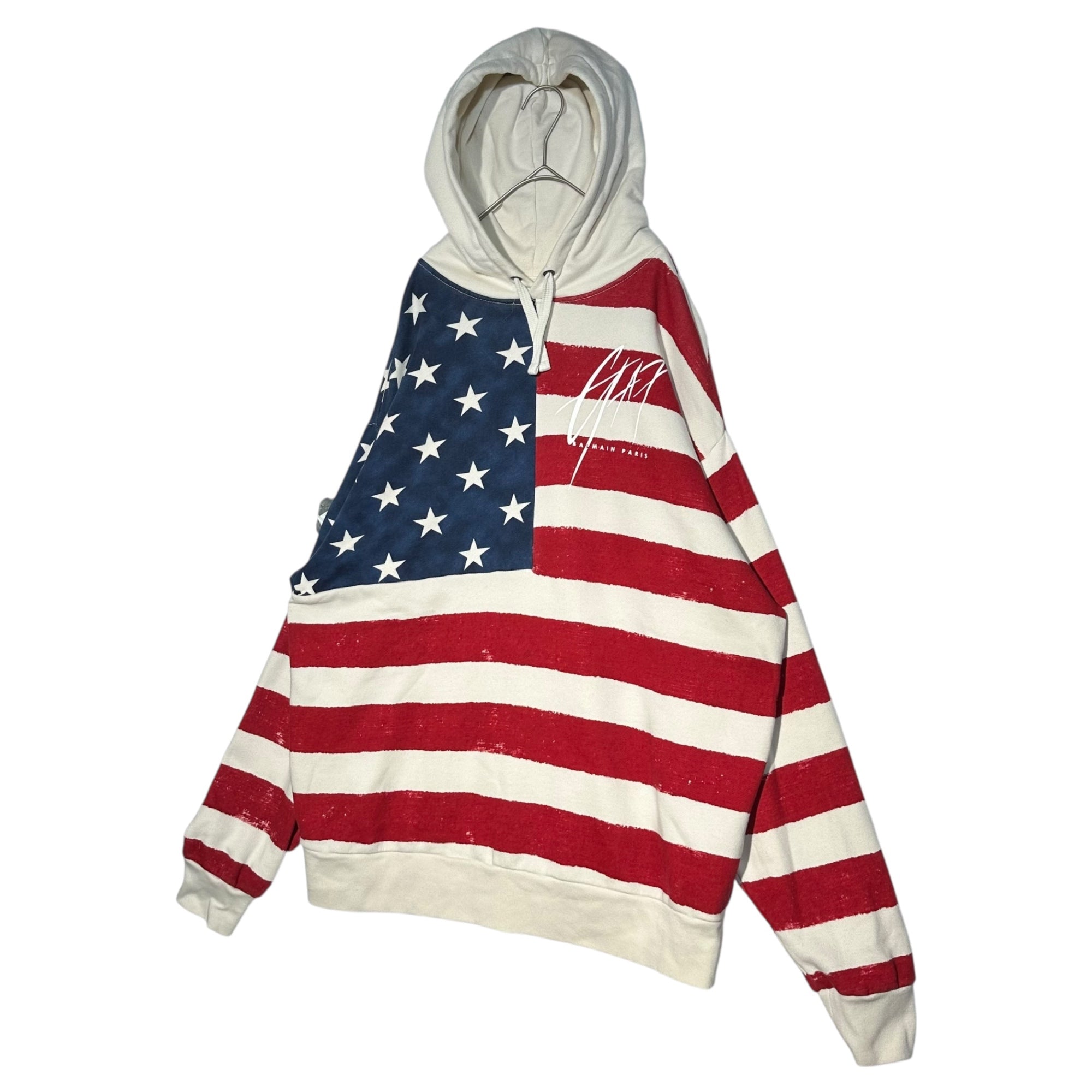 BALMAIN×GAP(バルマン×ギャップ) 18AW American Flag Hoodie 星条旗 ロゴ プリント プルオーバー パーカー 383811-00 M ホワイト×レッド×ネイビー USA国旗