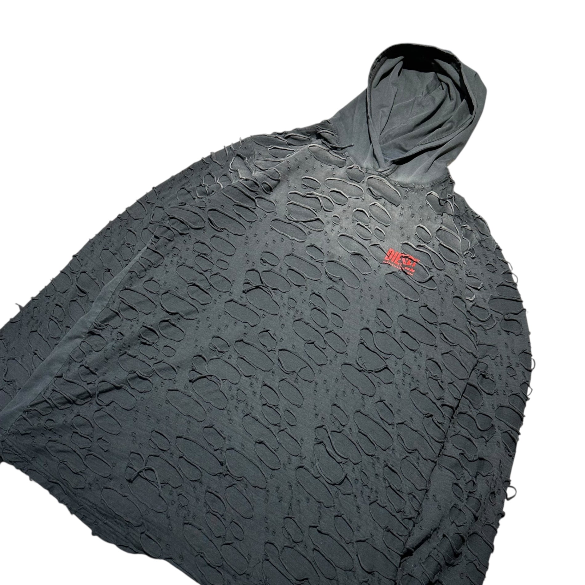 DIESEL(ディーゼル) T-CRANE-LS-HOOD デストロイ コットン フーディ A16173 L ブラック プルオーバー パーカー ダメージ加工 ロゴ