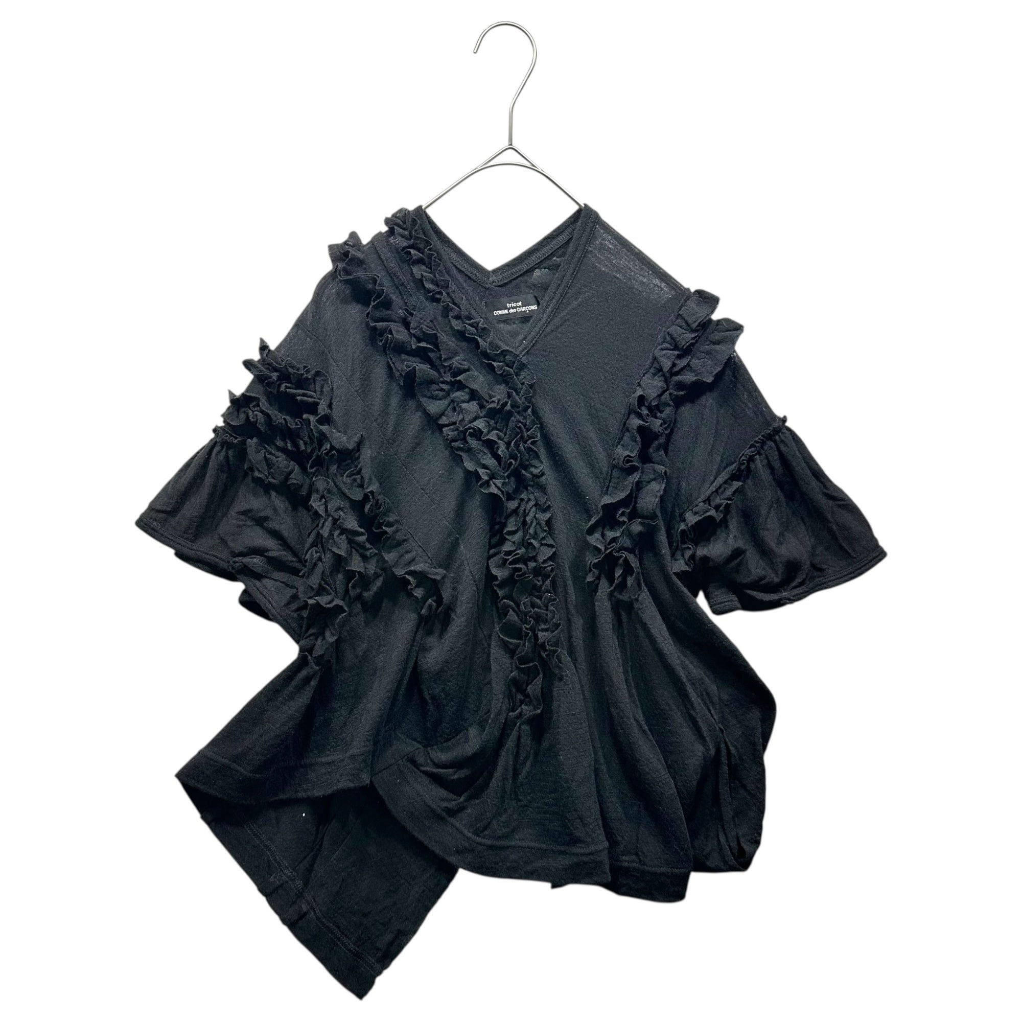 tricot COMME des GARCONS(トリココムデギャルソン) 07AW Diagonal-Cut Frill-Trimmed S/S Wool Knit Top 斜め フリル 装飾 半袖 ウール カットソー TT-T035 FREE ブラック AD2007
