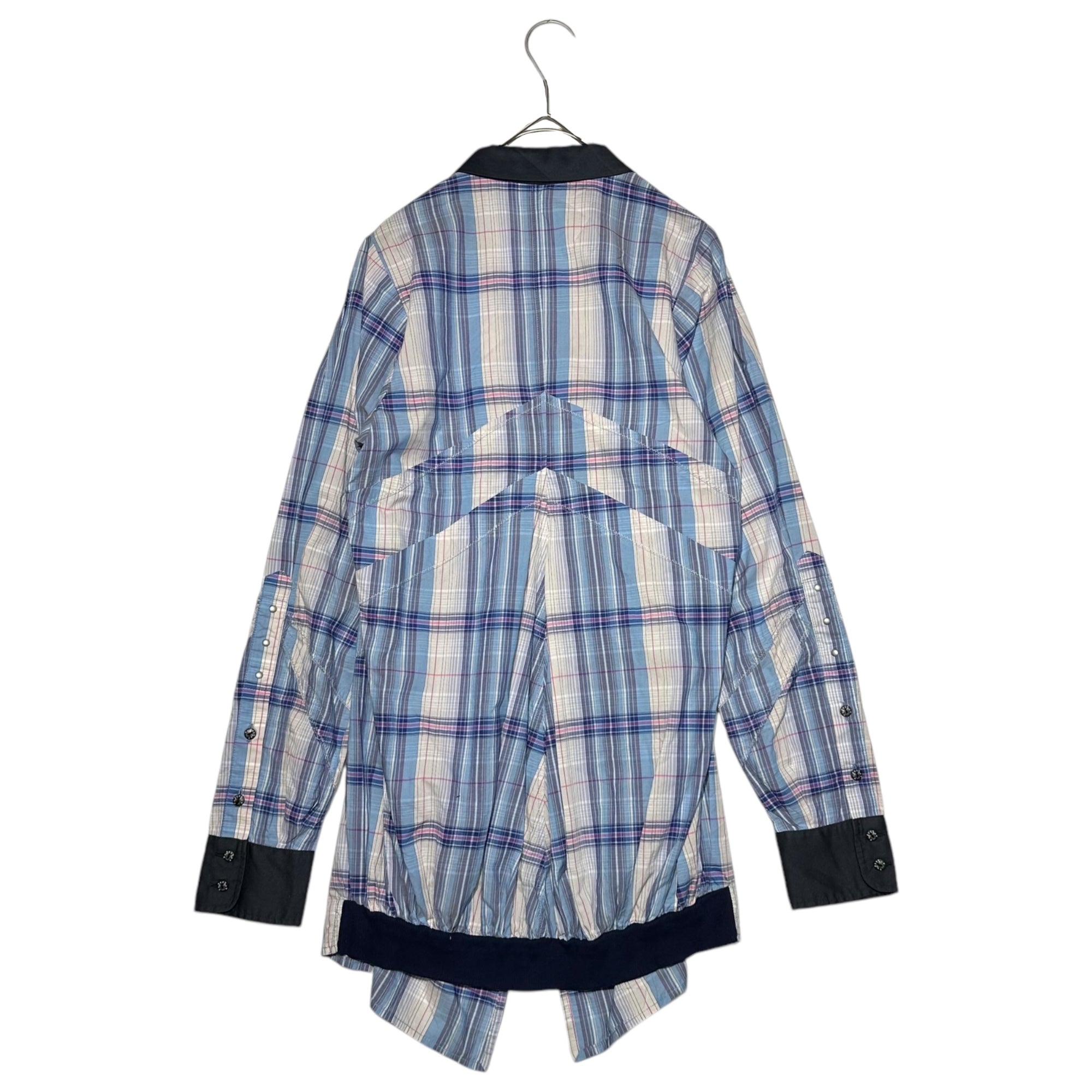 MARITHE FRANCOIS GIRBAUD(マリテフランソワジルボー) 00's Check Cleric Ribbed Hem Long Sleeve Blouse チェック クレリック 裾 リブ 長袖 ブラウス F6-9058 M ライトブルー×ネイビー