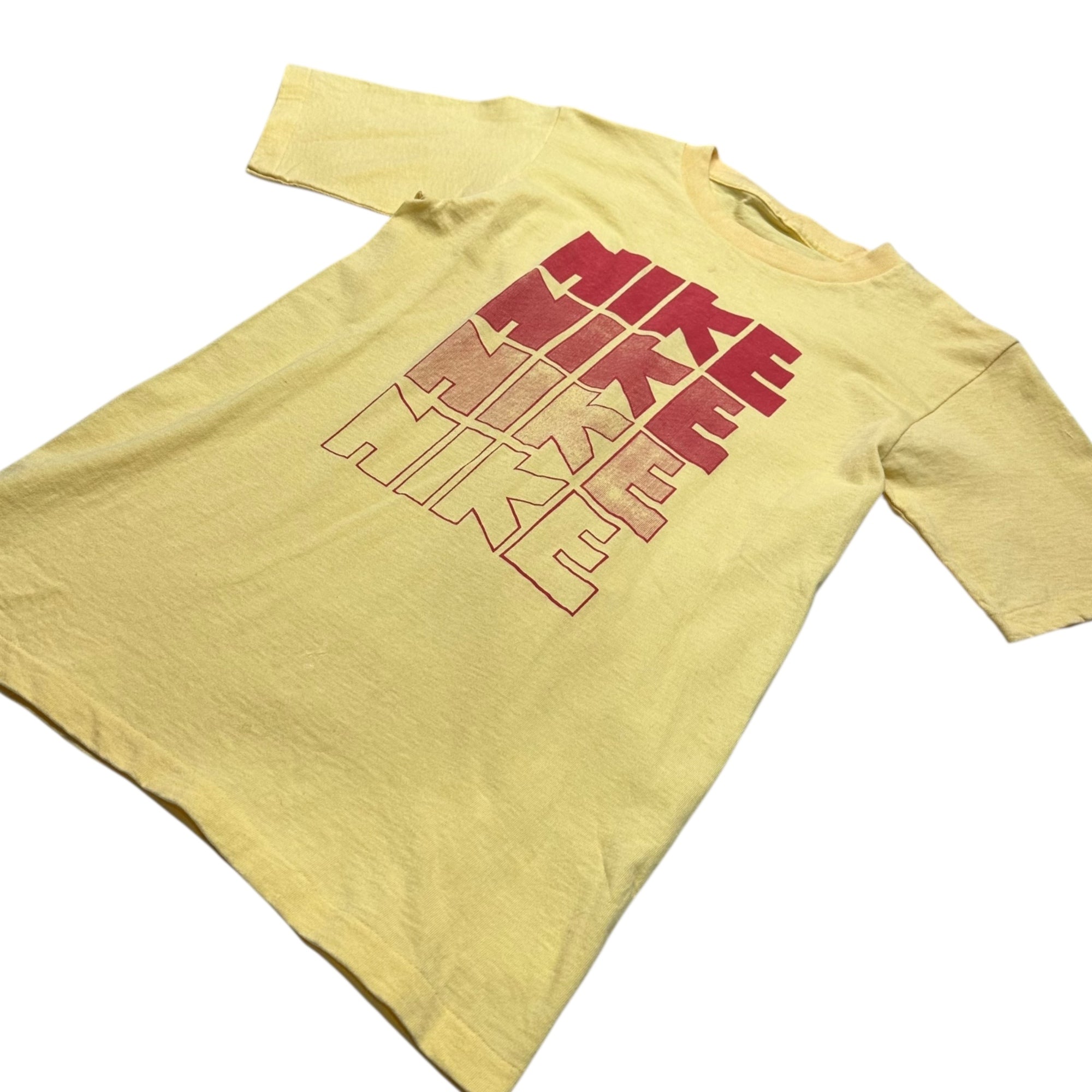 NIKE(ナイキ) 80's 4-tier logo print T-shirt ゴツ ナイキ 4段 プリント Tシャツ 表記無し(M程度) イエロー×レッド 80年代 オリジナル ヴィンテージ