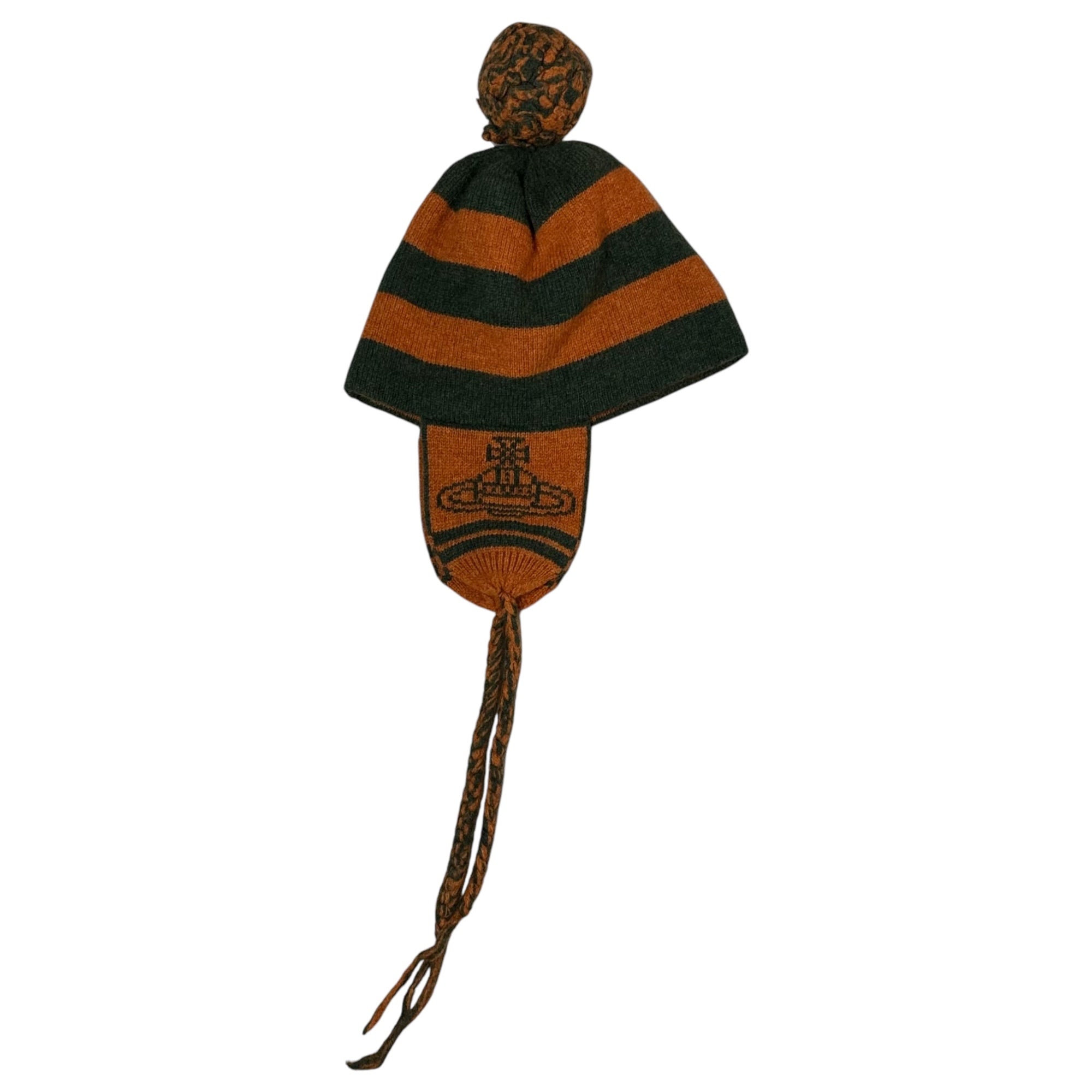 Vivienne Westwood(ヴィヴィアンウエストウッド) knit hat with ear flaps 耳当て付き ニット帽 ニットキャップ ボーダー オレンジ×グリーン 稀少カラー ムーンバットタグ付