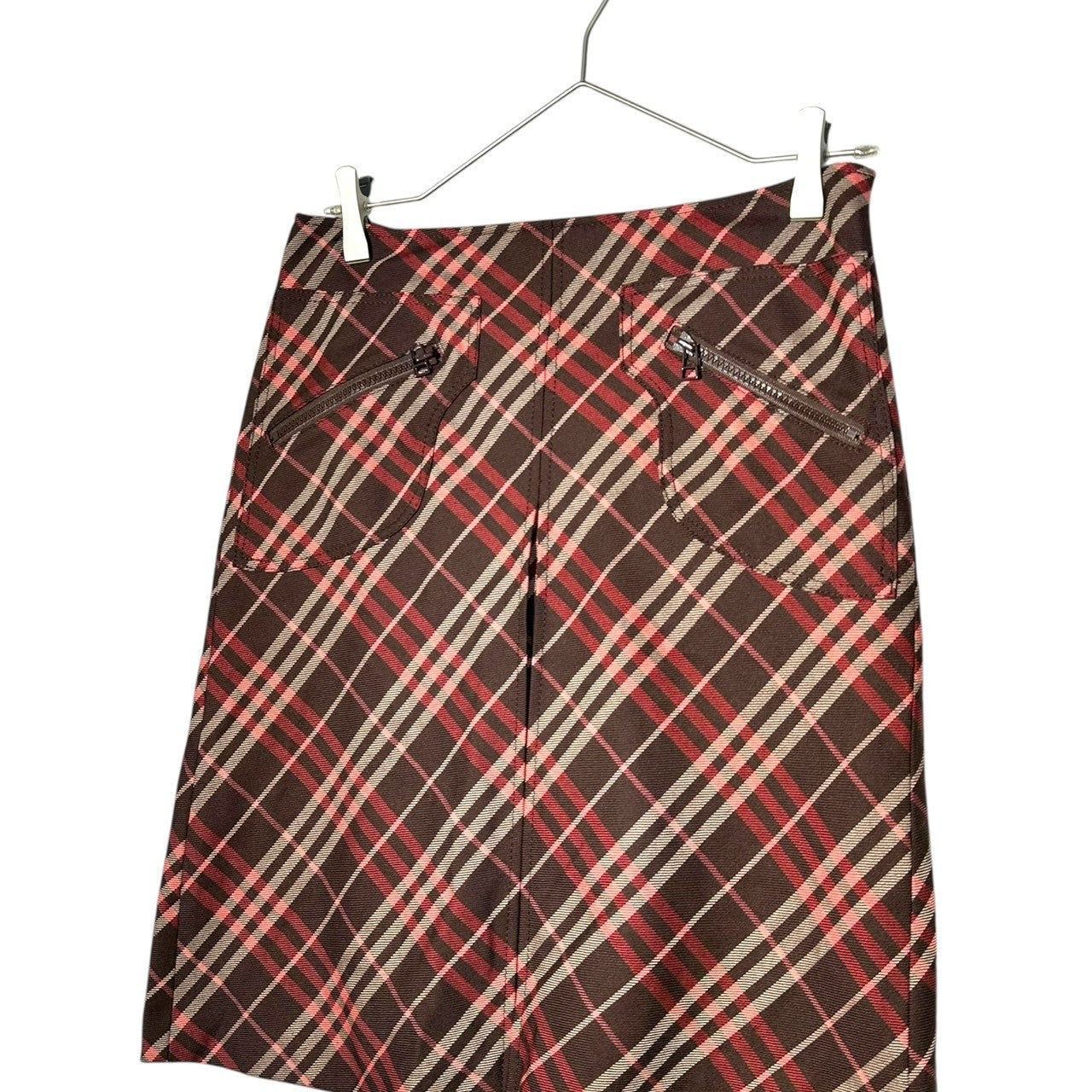 BURBERRY BLUE LABEL(バーバリーブルーレーベル) Burberry Check Zip Pockets Knee-Length Skirt バーバリー チェック ジップ ポケット ひざ丈 スカート FLF-582-38 38(M程度) ブラウン×ピンク 三陽商会