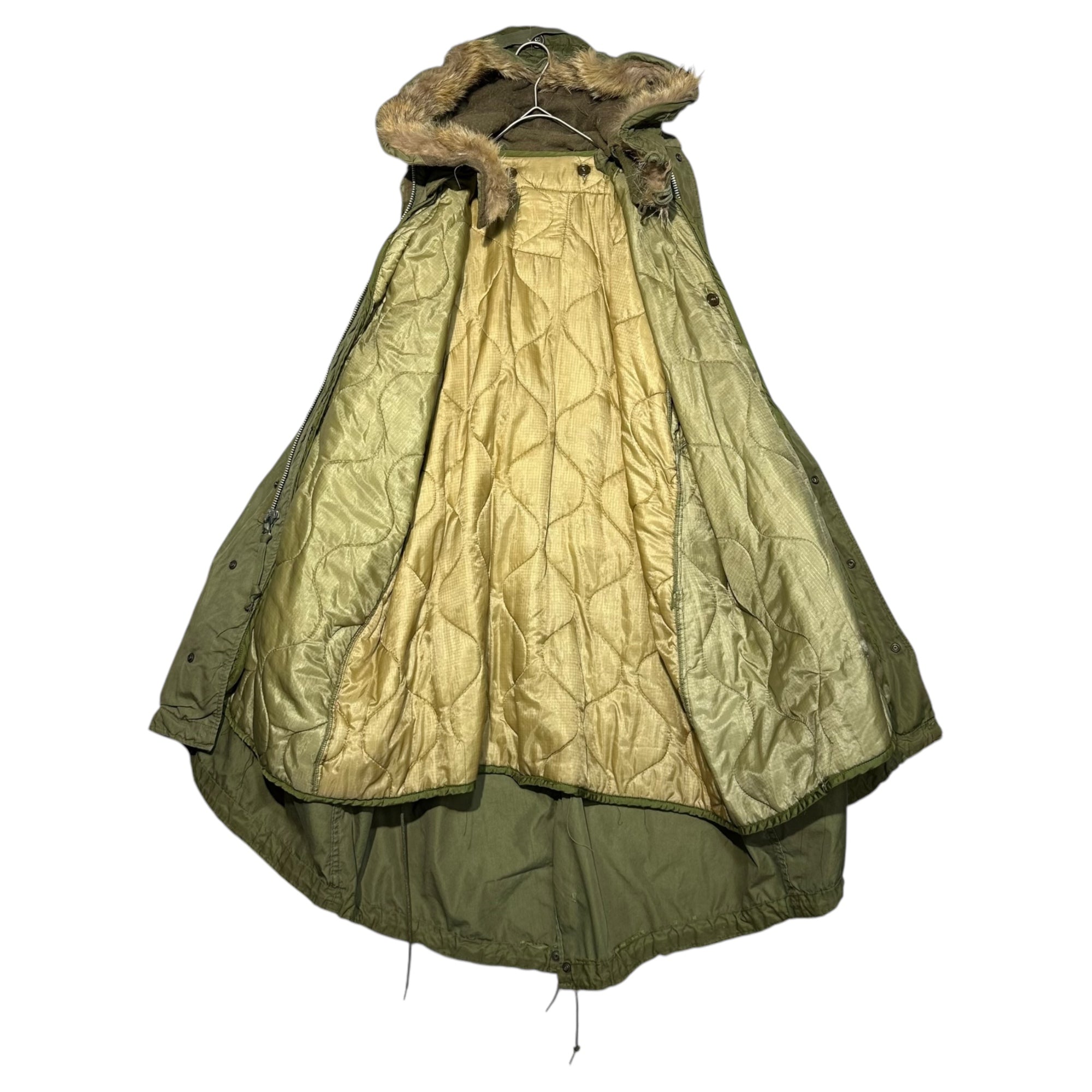 US ARMY(アメリカ軍) 50's Vintage Fishtail Mod Coat Field Parka 50年代 ヴィンテージ フィッシュ テール モッズ コート フィールド パーカー 55-P-4982-10 L セージグリーン ライナー、ファーフード後付け 本体50年代