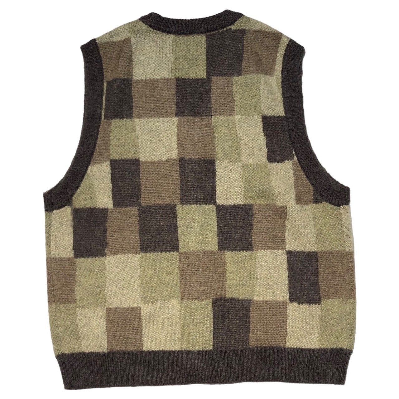 STUSSY(ステューシー) wobbly check sweater vest チェック セーター ベスト モヘヤ混 S カーキ×ブラウン×ベージュ