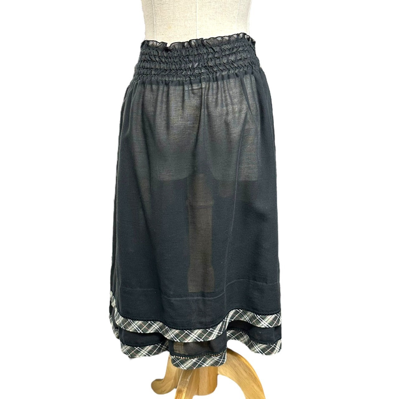 BURBERRY BLUE LABEL(バーバリーブルーレーベル) 裾 バーバリー チェック シアー ウール コットン ひざ丈 スカート ペチコート 付 FLF55-543-09 38(M程度) ブラック