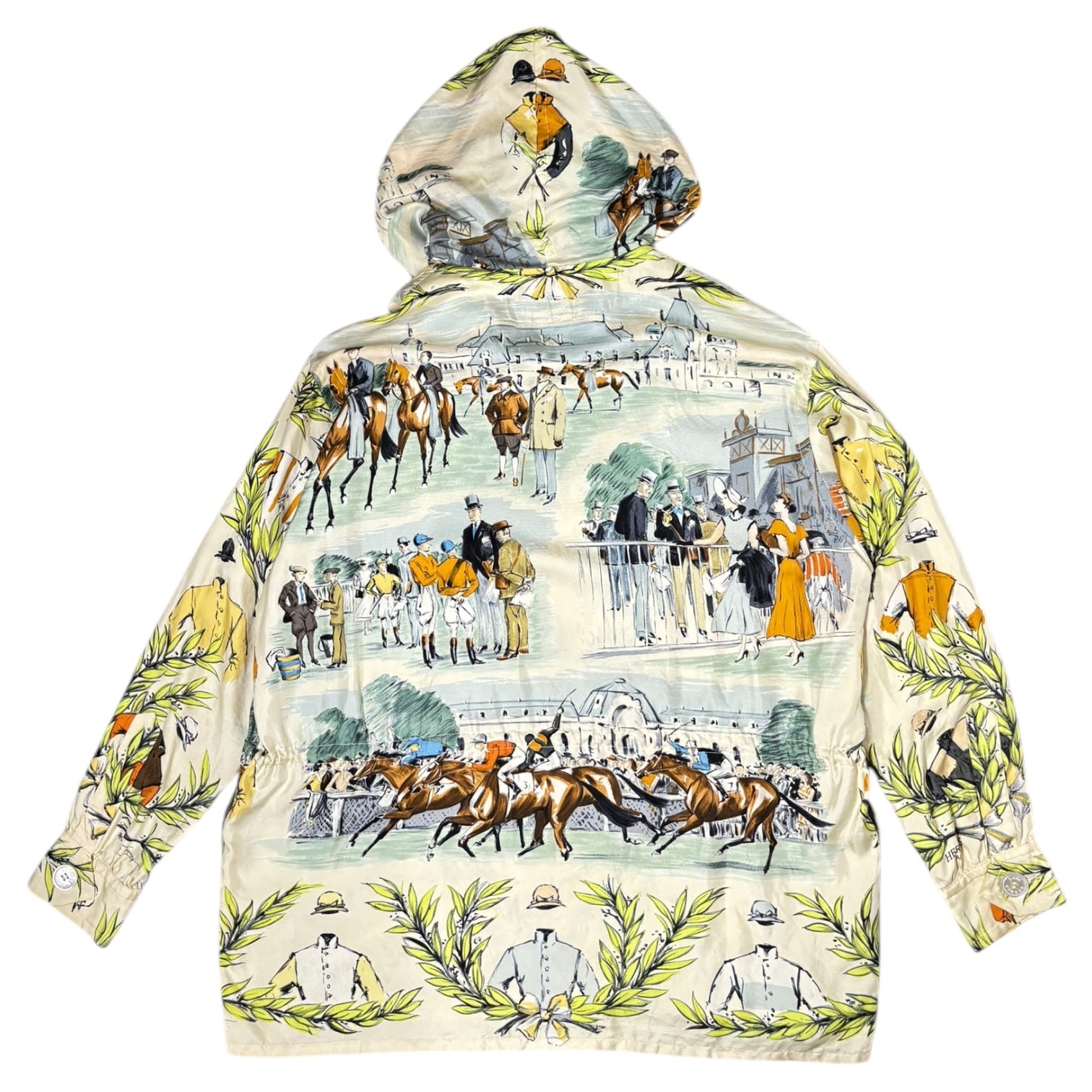 HERMES(エルメス) 90's ”maurice taquoy” Silk Scarf Hooded Jacket 競走馬 シルク スカーフ フーデッド ジャケット 40(L程度) アイボリー×オレンジ 90年代 ヴィンテージ エルメスジャポンタグ メンズ着用可能サイズ アーカイブ