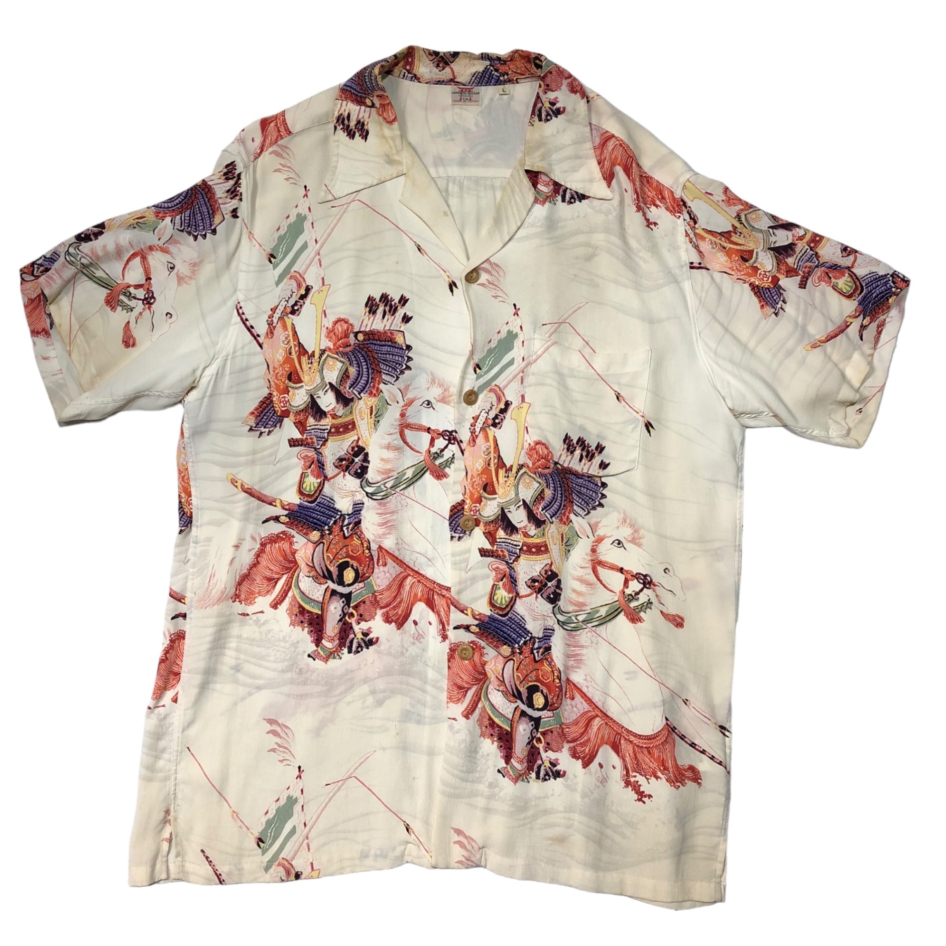 SUN SURF(サンサーフ東洋) RAYON S/S SPECIAL EDITION JAPANESE BAZAAR"YOSHITUNE" レーヨン アロハ シャツ SS35068 L アイボリー 義経 武将 馬 戦国