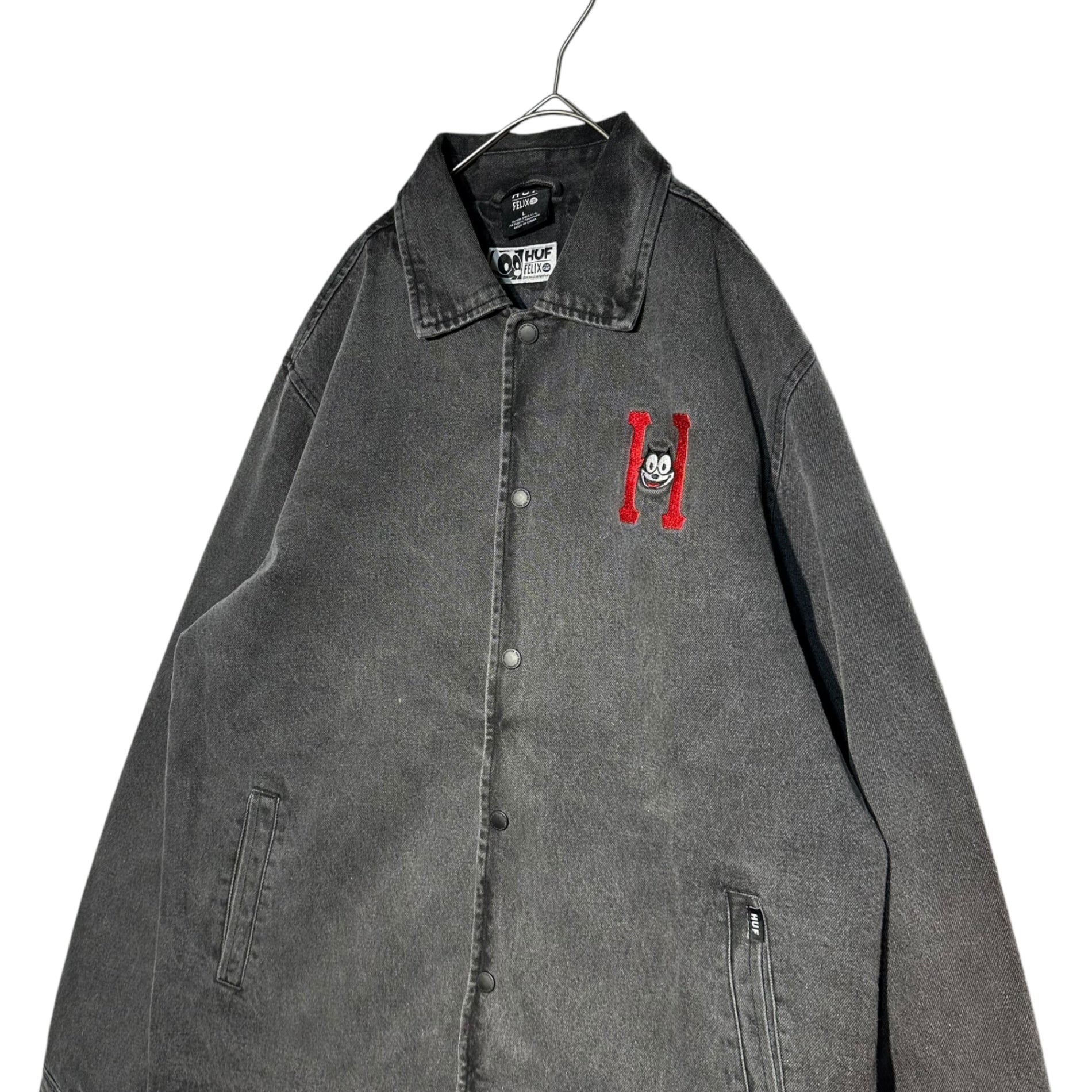 HUF(ハフ) FELIX logo black denim coach jacket フェリックス ロゴ ブラックデニム コーチ ジャケット L ブラック
