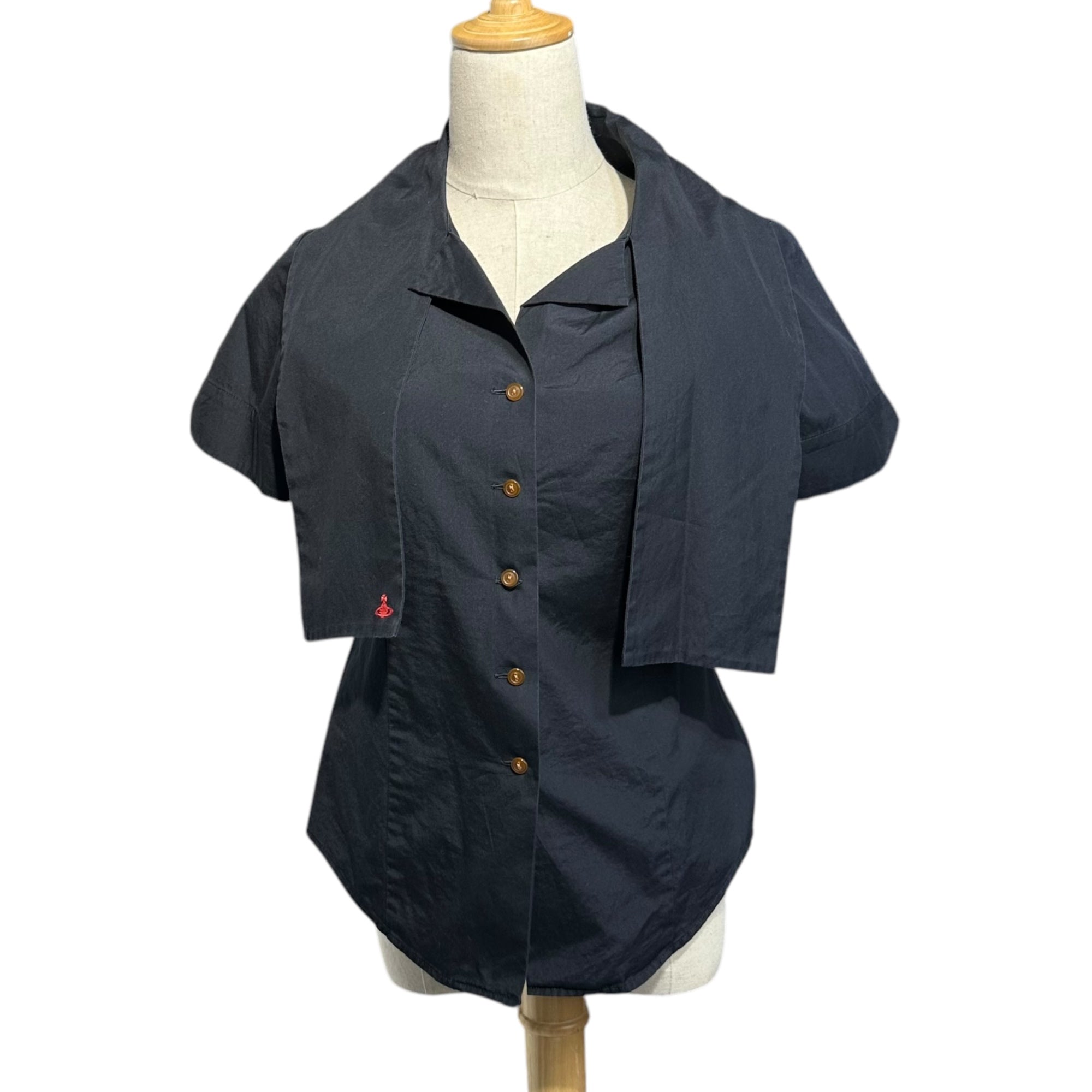 Vivienne Westwood RED LABEL(ヴィヴィアンウエストウッドレッドレーベル) 00's Orb Logo Embroidery S/S Blouse オーブ ロゴ 刺繍 半袖 ボウタイ シャツ ブラウス 357-01-86004 3 ブラック