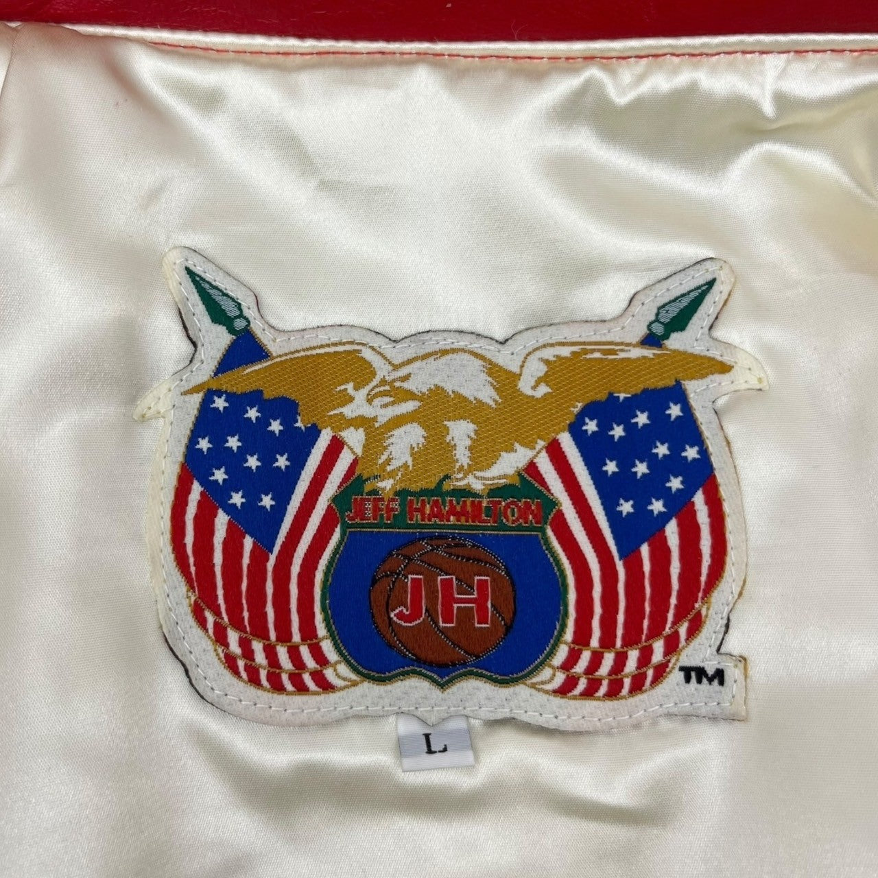 Jeff Hamilton(ジェフハミルトン) 1996 "NBA 50" BULLS Leather LIMITED EDITION JACKET ブルズ レザー スタジアム ジャケット L レッド×ホワイト 90's 90年代 スタジャン 90年代 マイケル ジョーダン ジェフハミルトンサイン入り