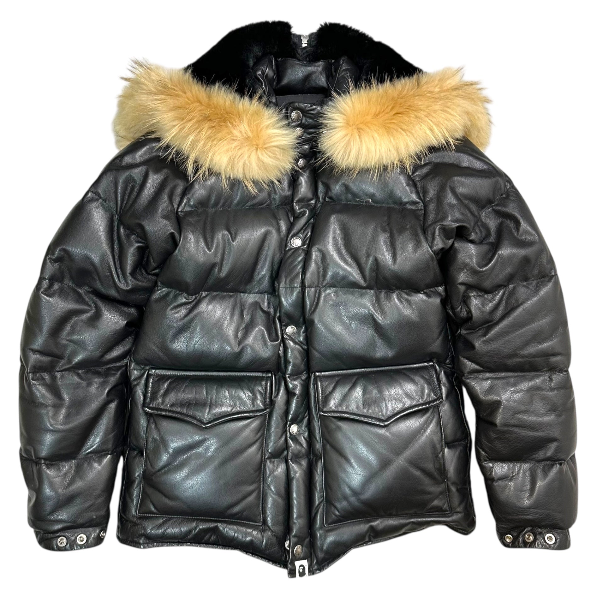 A BATHING APE(アベイシングエイプ) 00's Racoon Fur Embellished Cow Leather Down Jacket ラクーン ファー 装飾 カウレザー ダウン ジャケット S ブラック×ベージュ