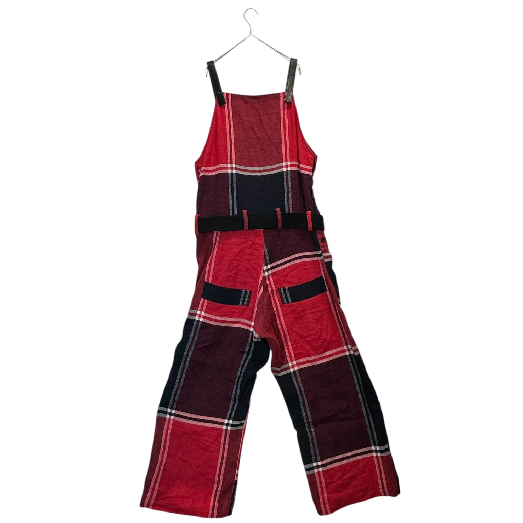 Y's(ワイズ) Leather Shoulder Check Linen Wool Overalls レザー ショルダー チェック リネン ウール オーバーオール YU-D09-139 2(M程度) レッド×ネイビー 男性着用可能サイズ