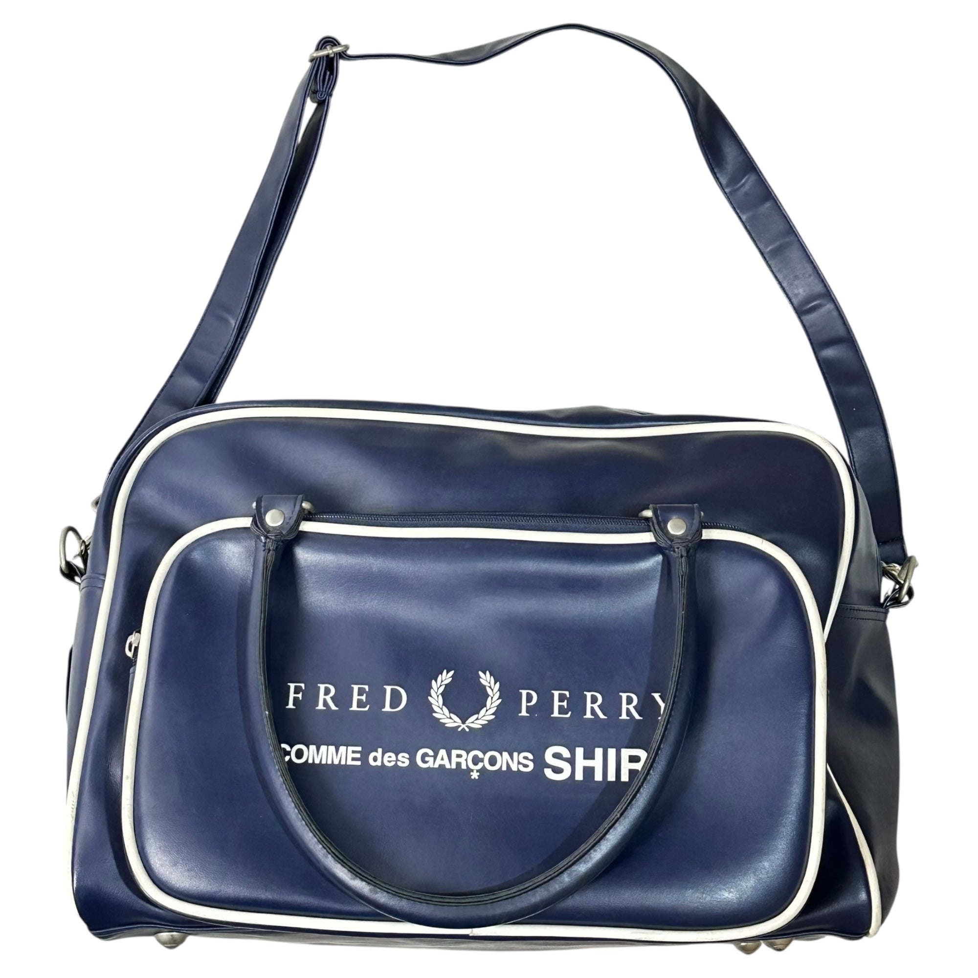 COMME des GARCONS SHIRT × FRED PERRY(コムデギャルソンシャツ × フレッドペリー) 2WAY Big Boston Bag ビッグ ボストン バッグ W12408 ネイビー×ホワイト