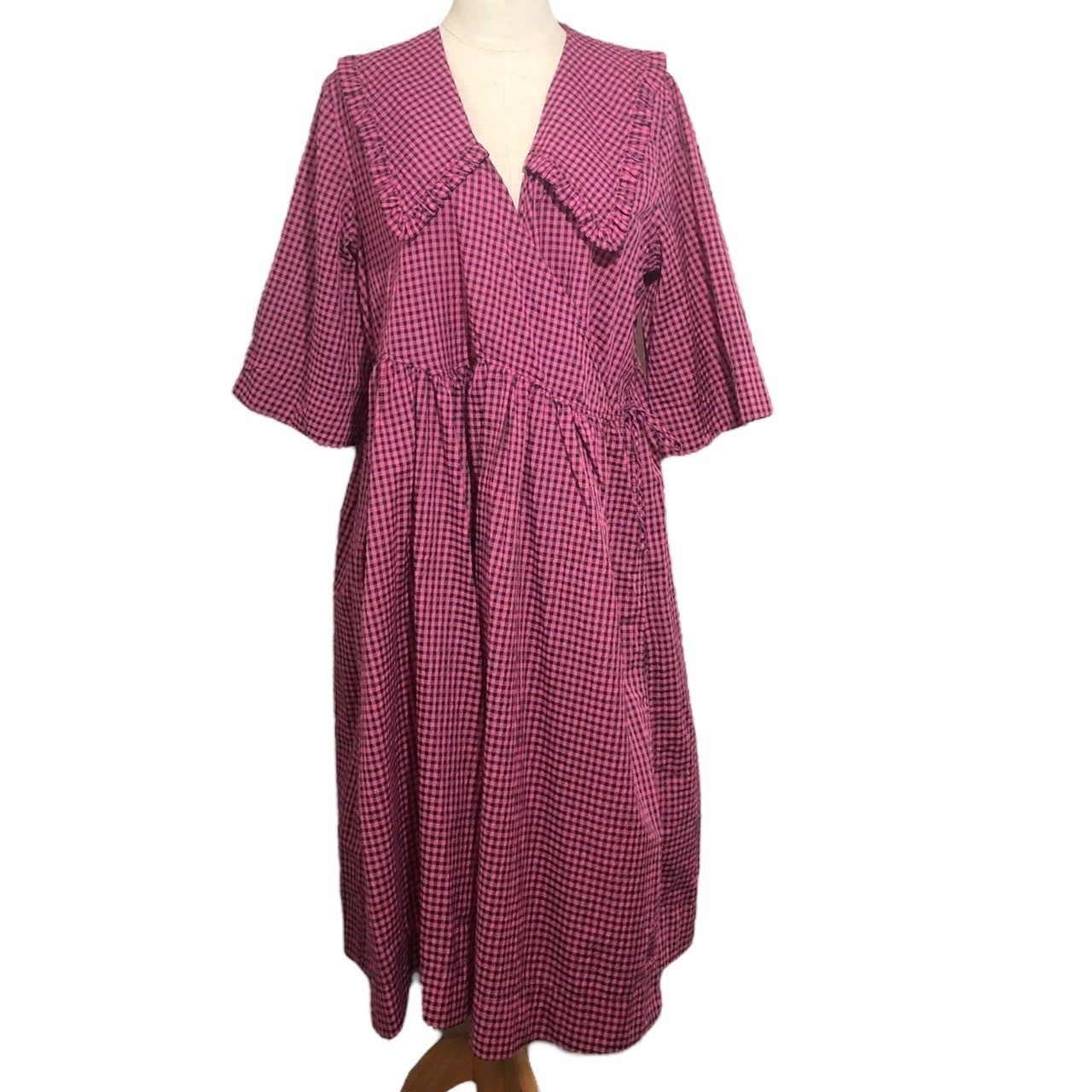 GANNI(ガニー) エリザベスカラー シアサッカー カシュクール ロング ワンピース BA.D6455 S/M ピンク×ブラック